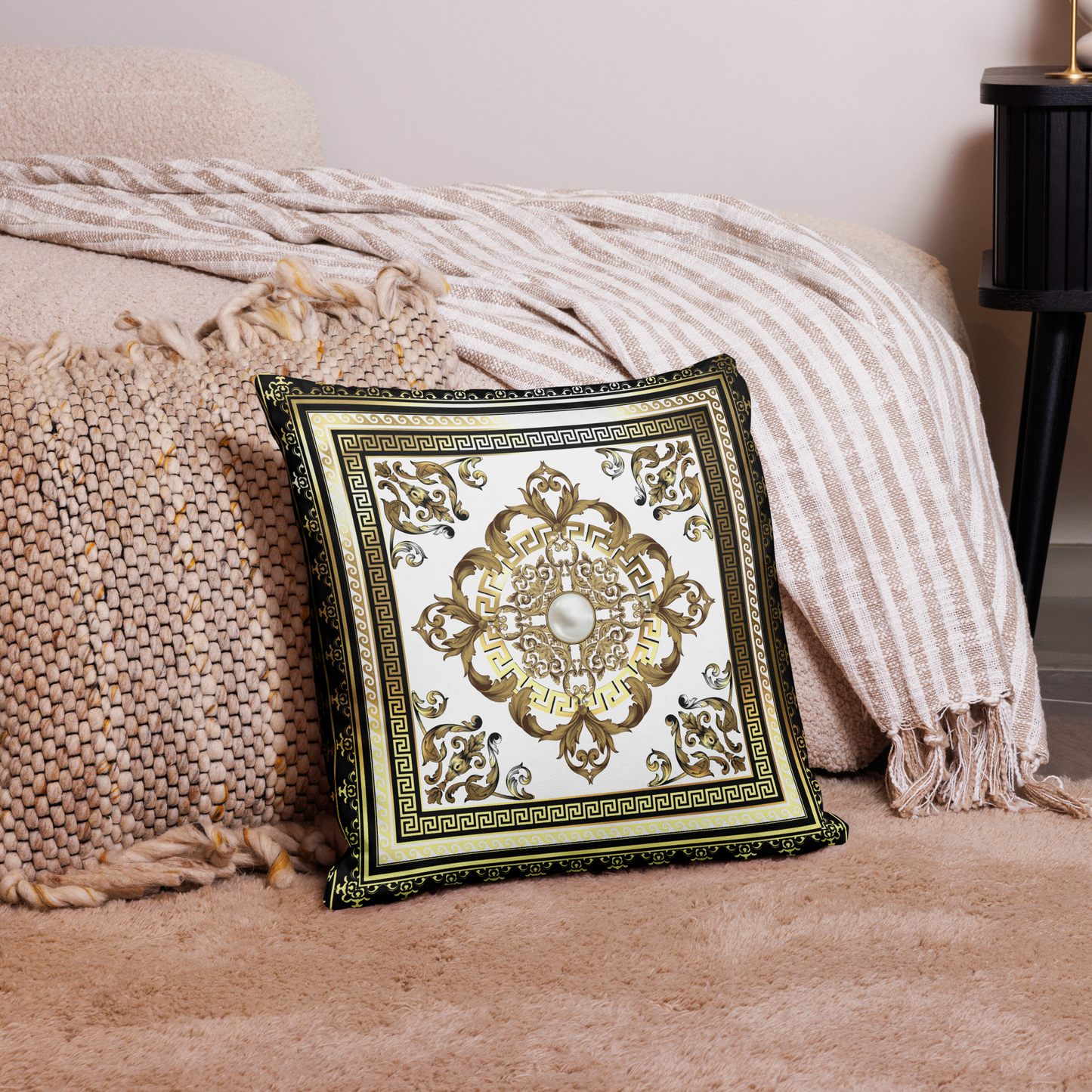 Black White Gold Greek Key Medallion Premium Pillow