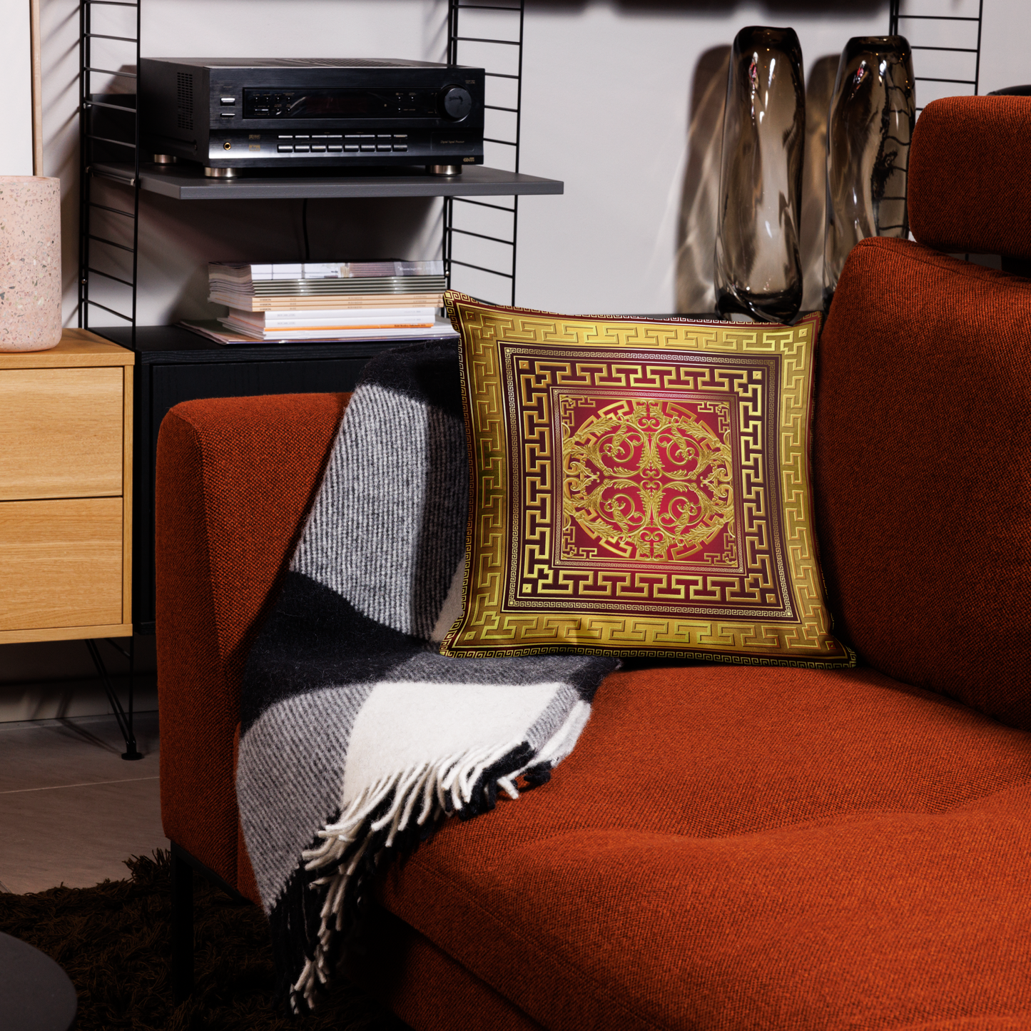 Ornate Baroque Gold Red Greek Key Premium Pillow
