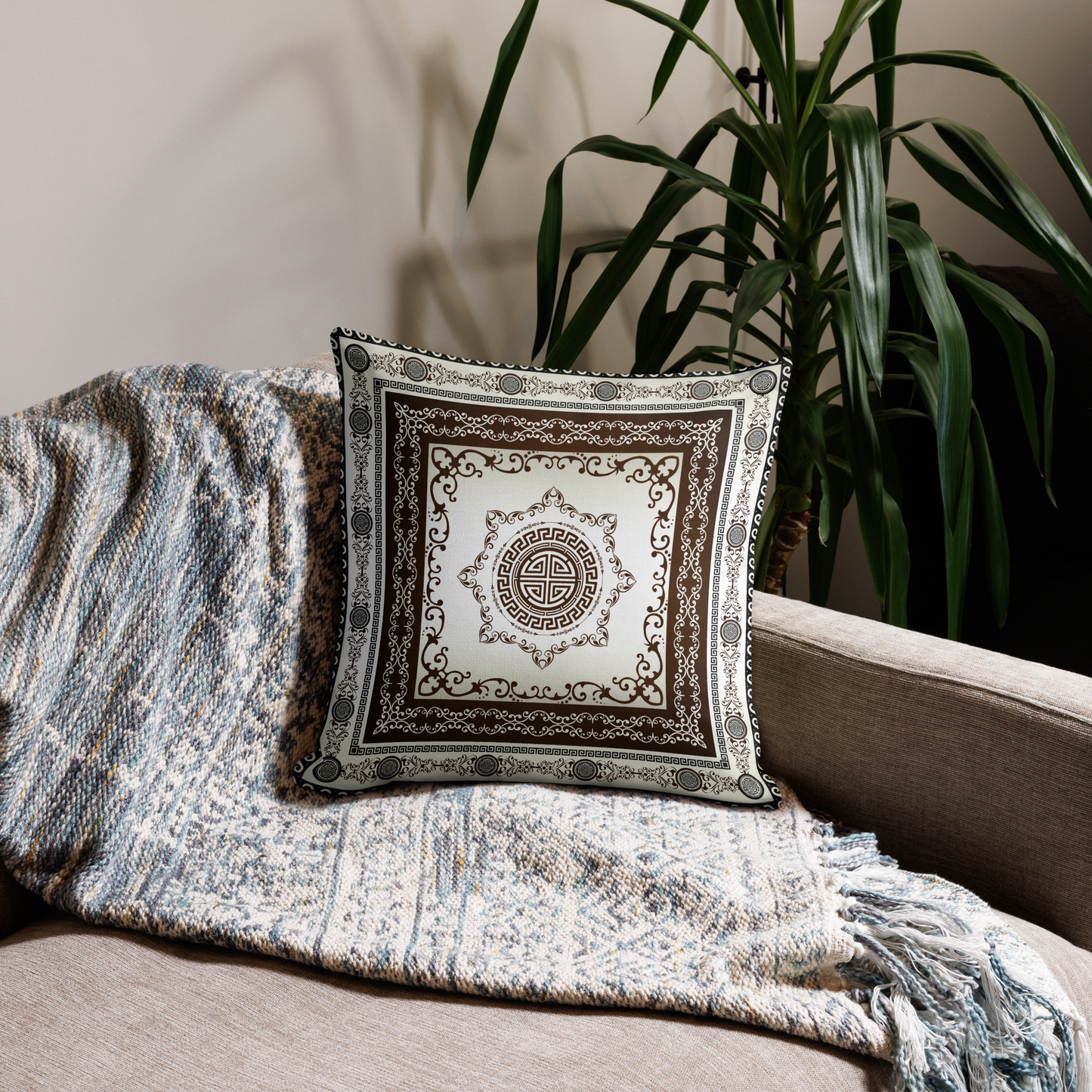 Greek Key Maroon Khaki Ornate Premium Pillow