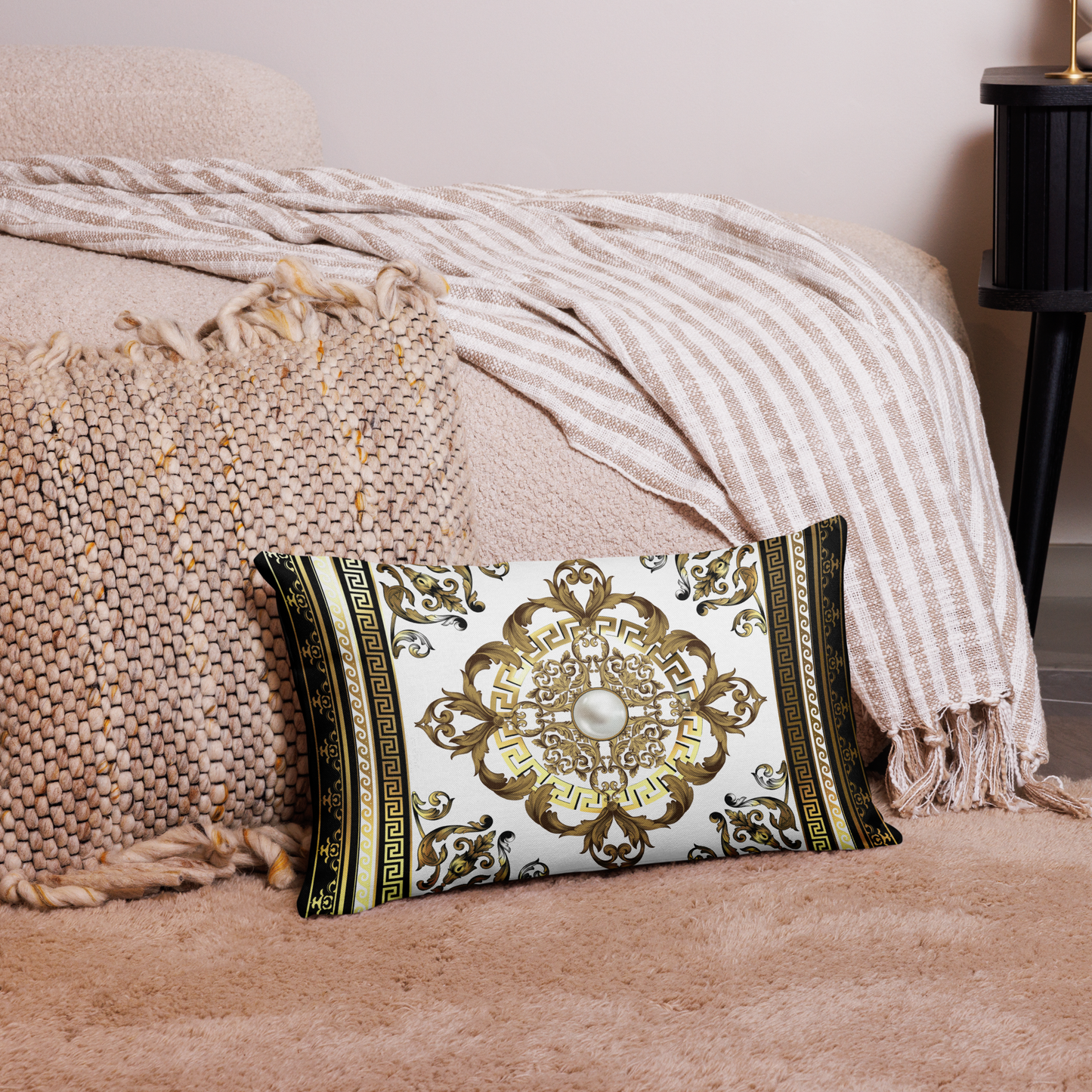 Black White Gold Greek Key Medallion Premium Pillow