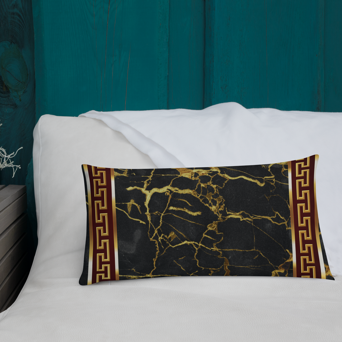 Gold Greek Keys Marbleized Black Maroon Premium Pillow