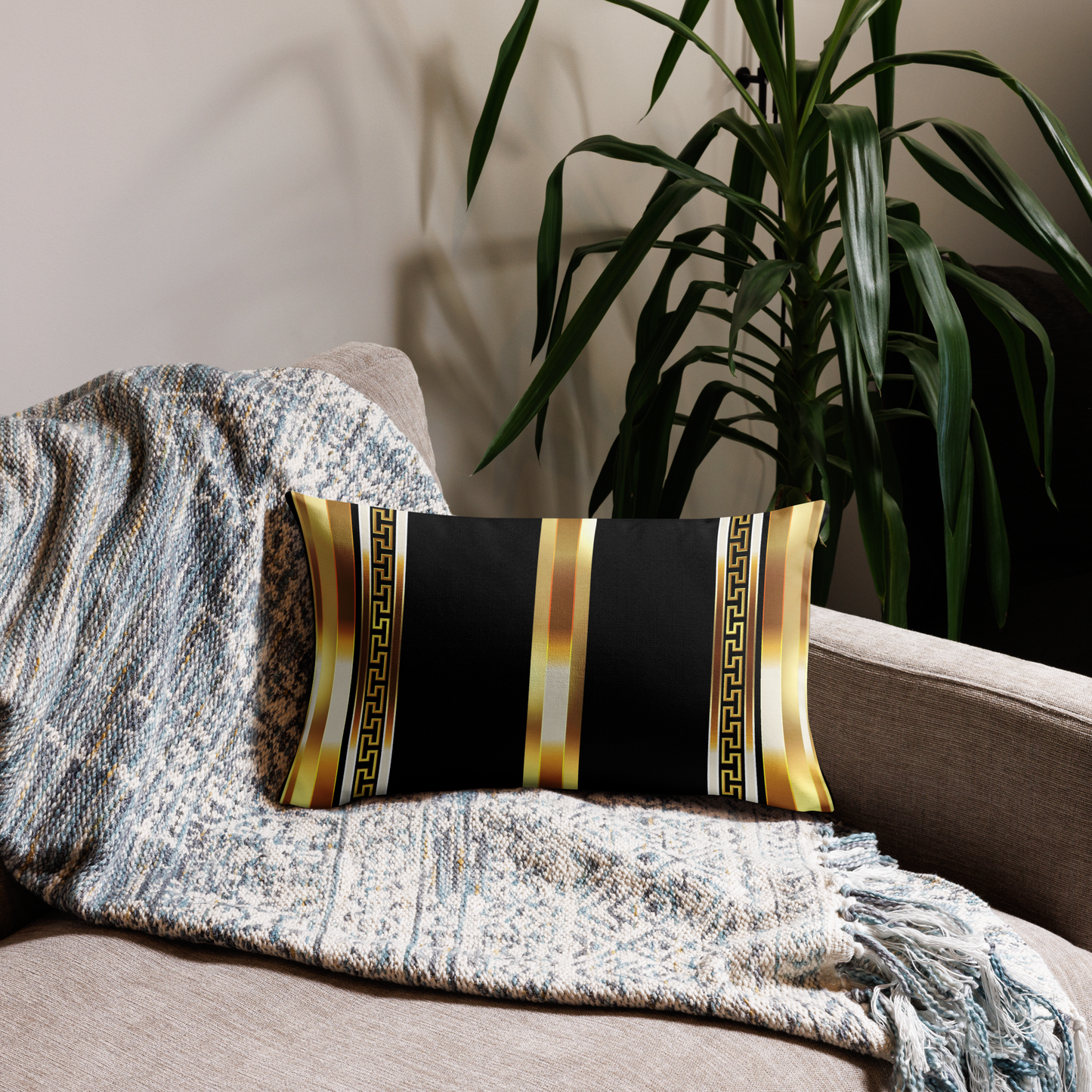 Gold Greek Key Black Premium Pillow