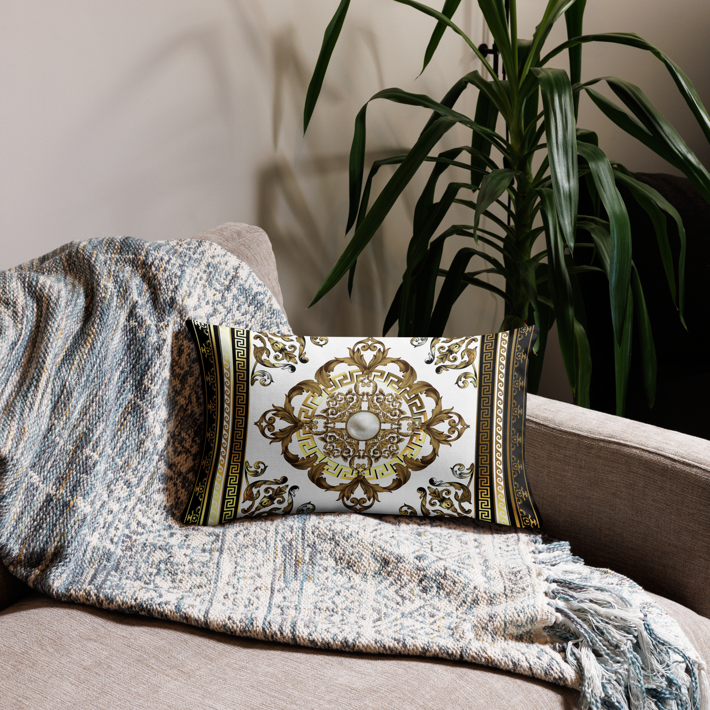 Black White Gold Greek Key Medallion Premium Pillow