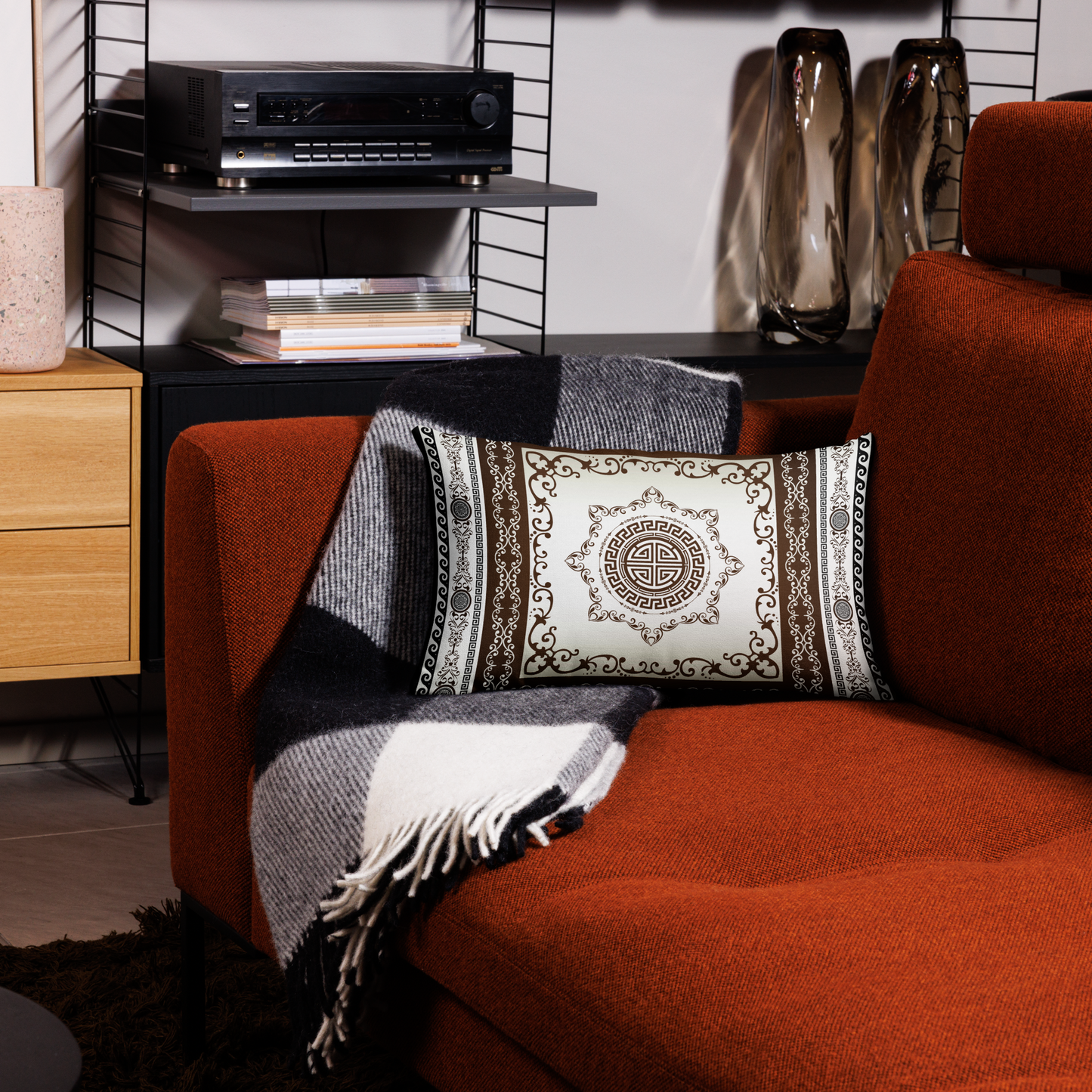 Greek Key Maroon Khaki Ornate Premium Pillow