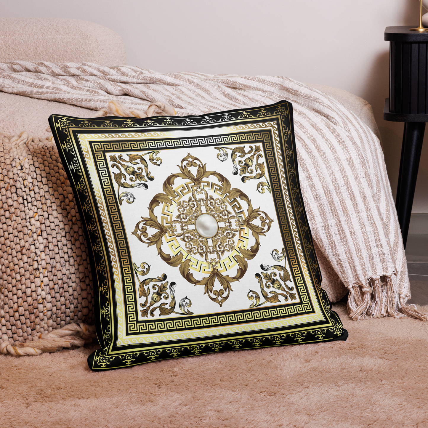 Black White Gold Greek Key Medallion Premium Pillow