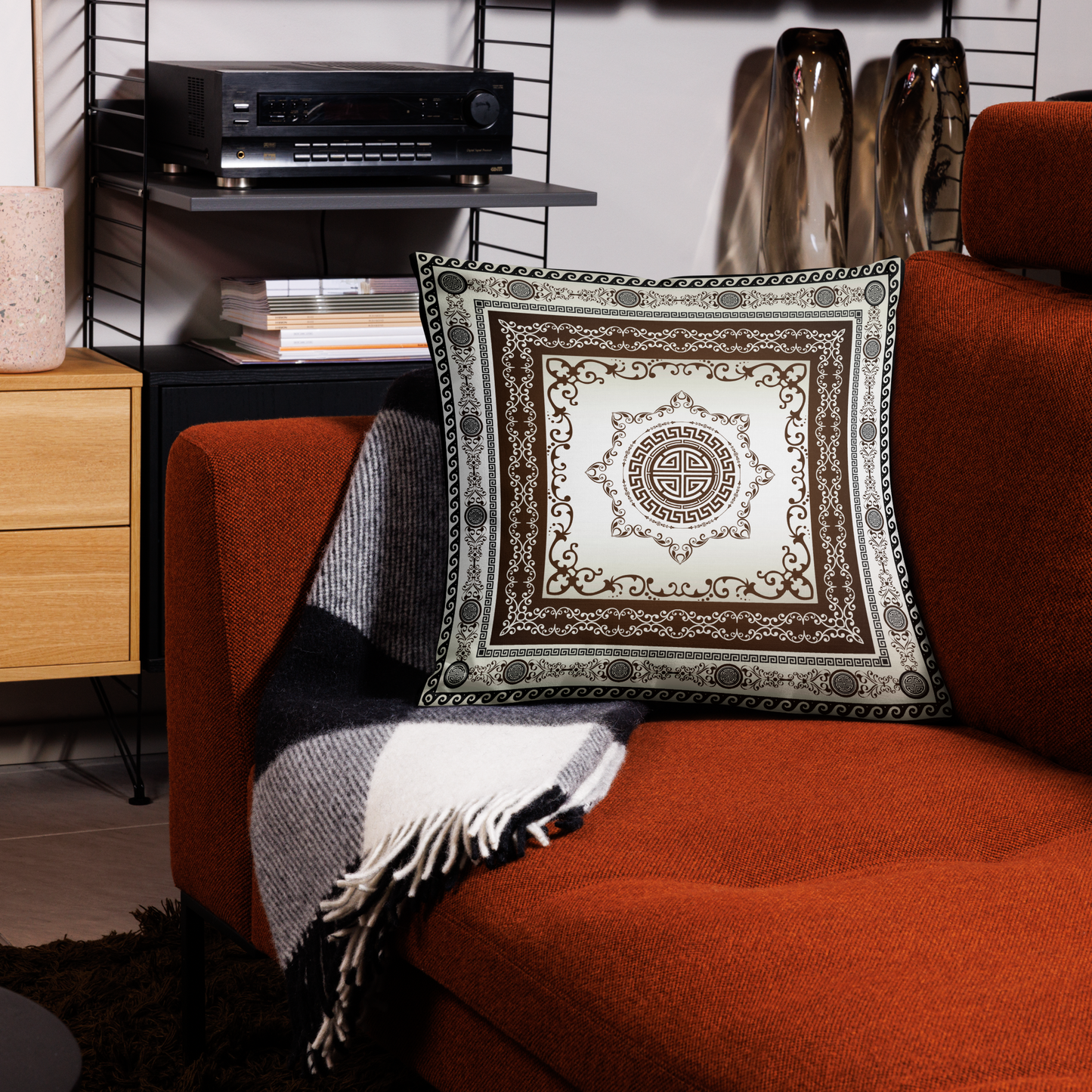 Greek Key Maroon Khaki Ornate Premium Pillow