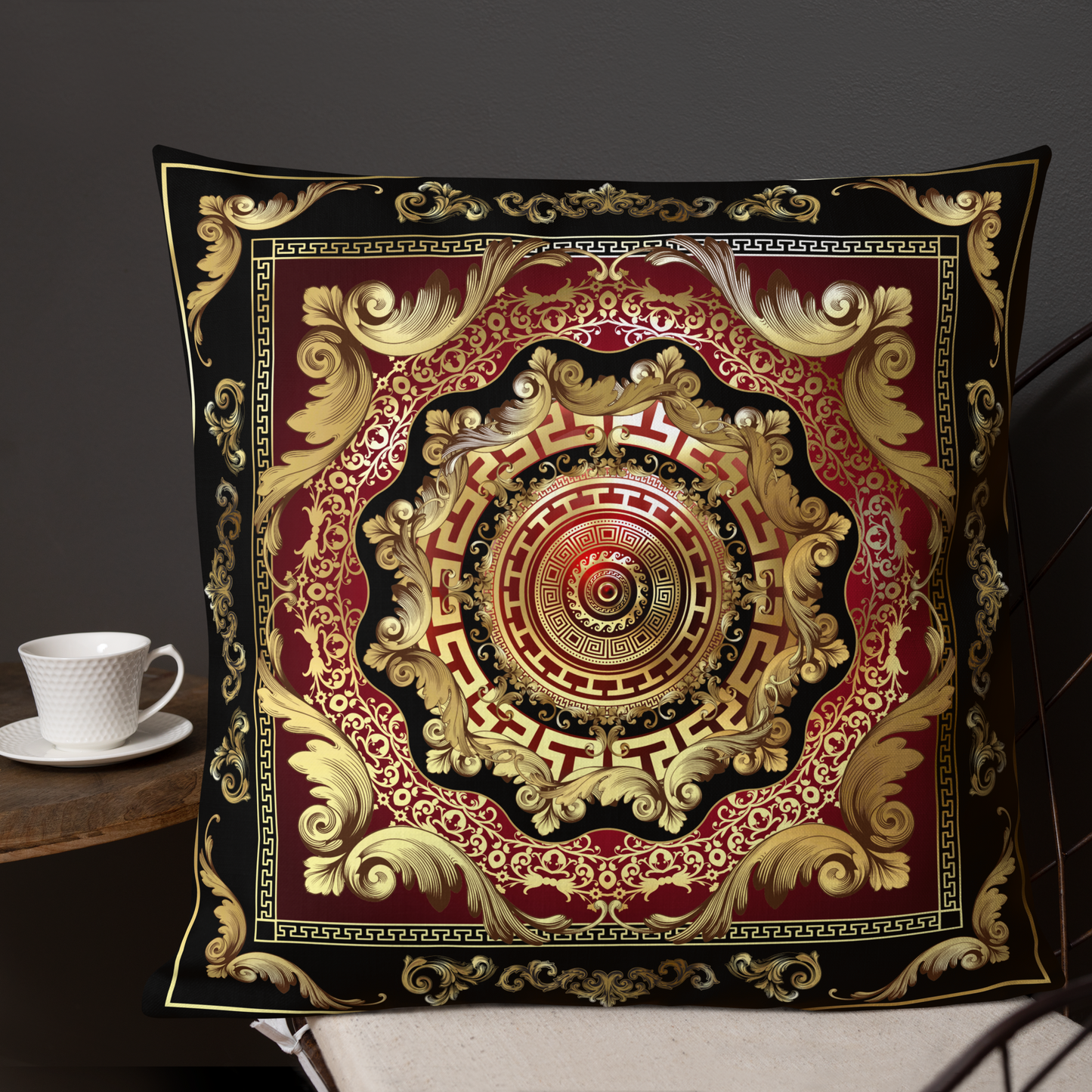Greek Key Gold Black Red Ornate Baroque Premium Pillow