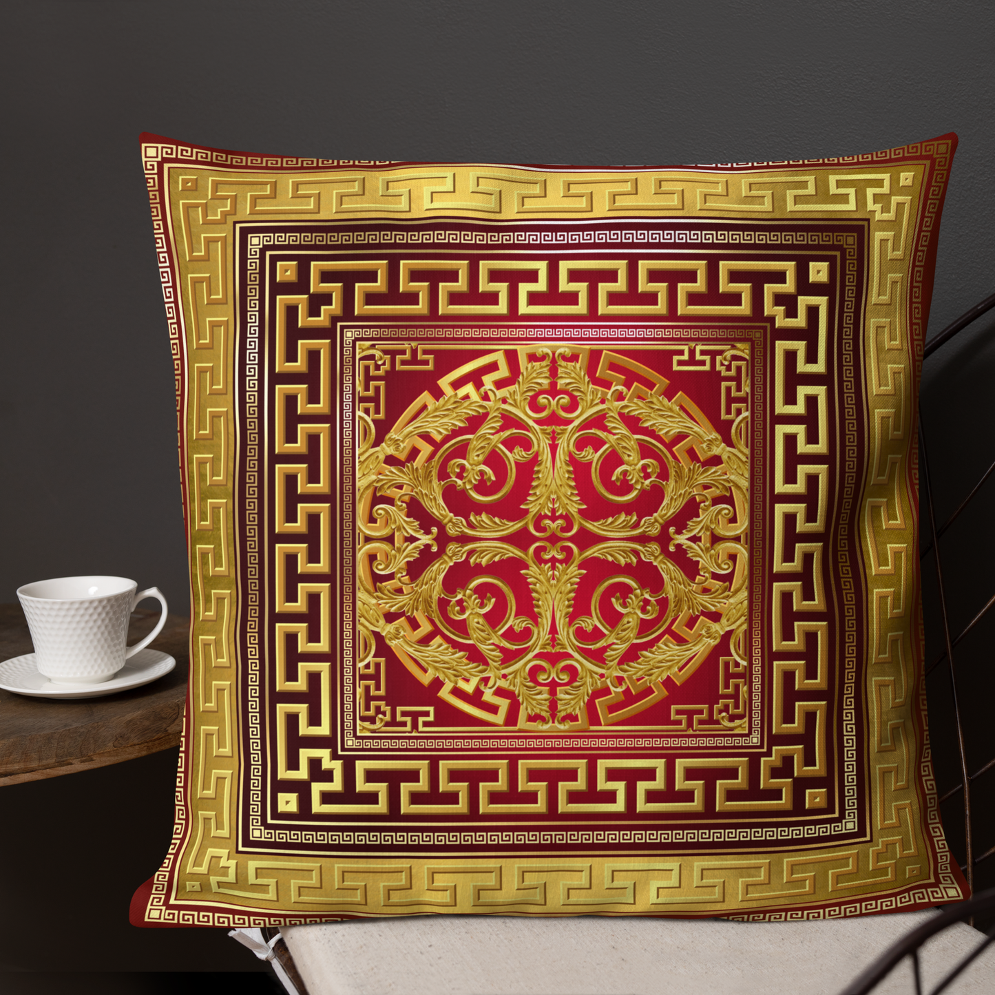 Ornate Baroque Gold Red Greek Key Premium Pillow