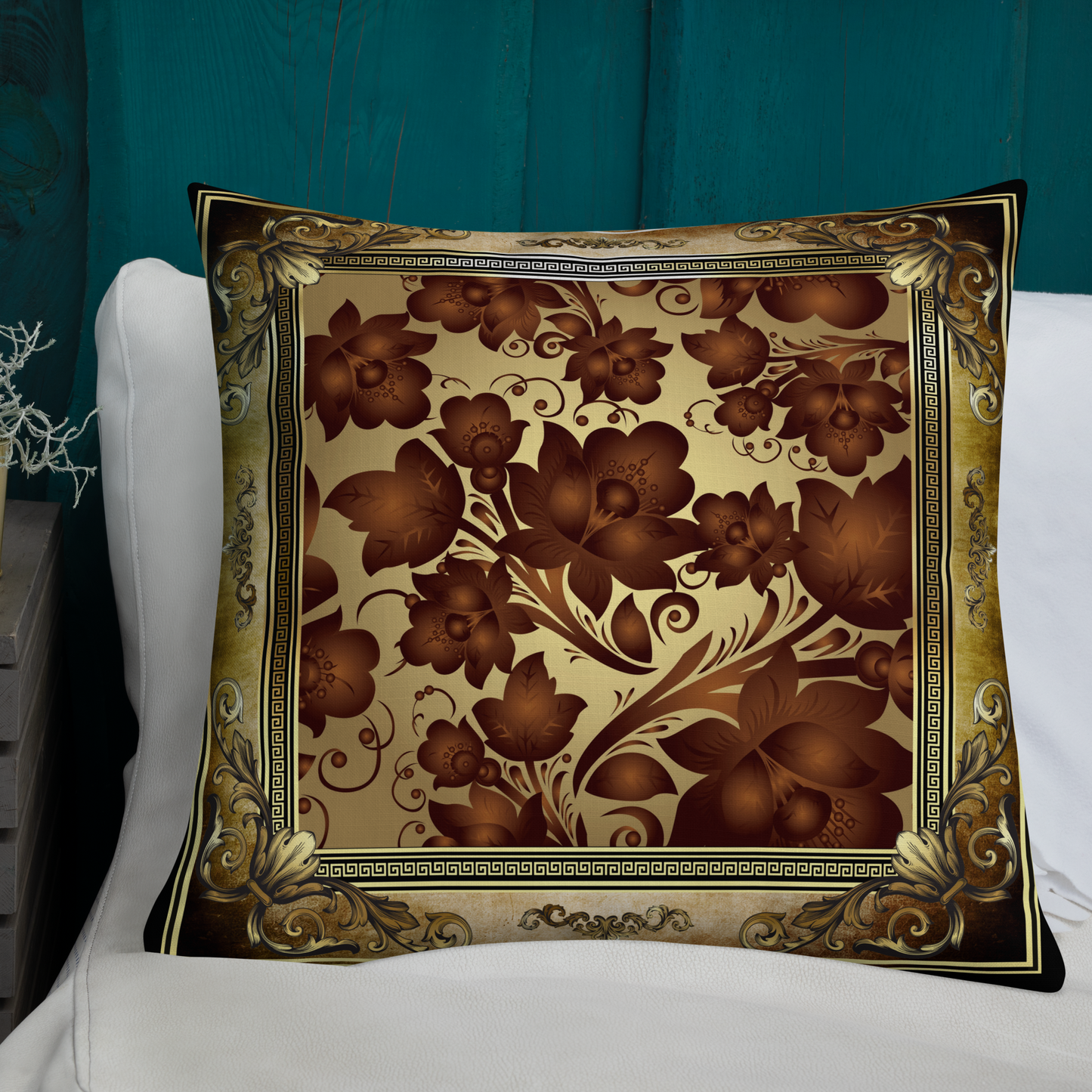 Vintage Style Greek Key Flowers Gold Red Premium Pillow