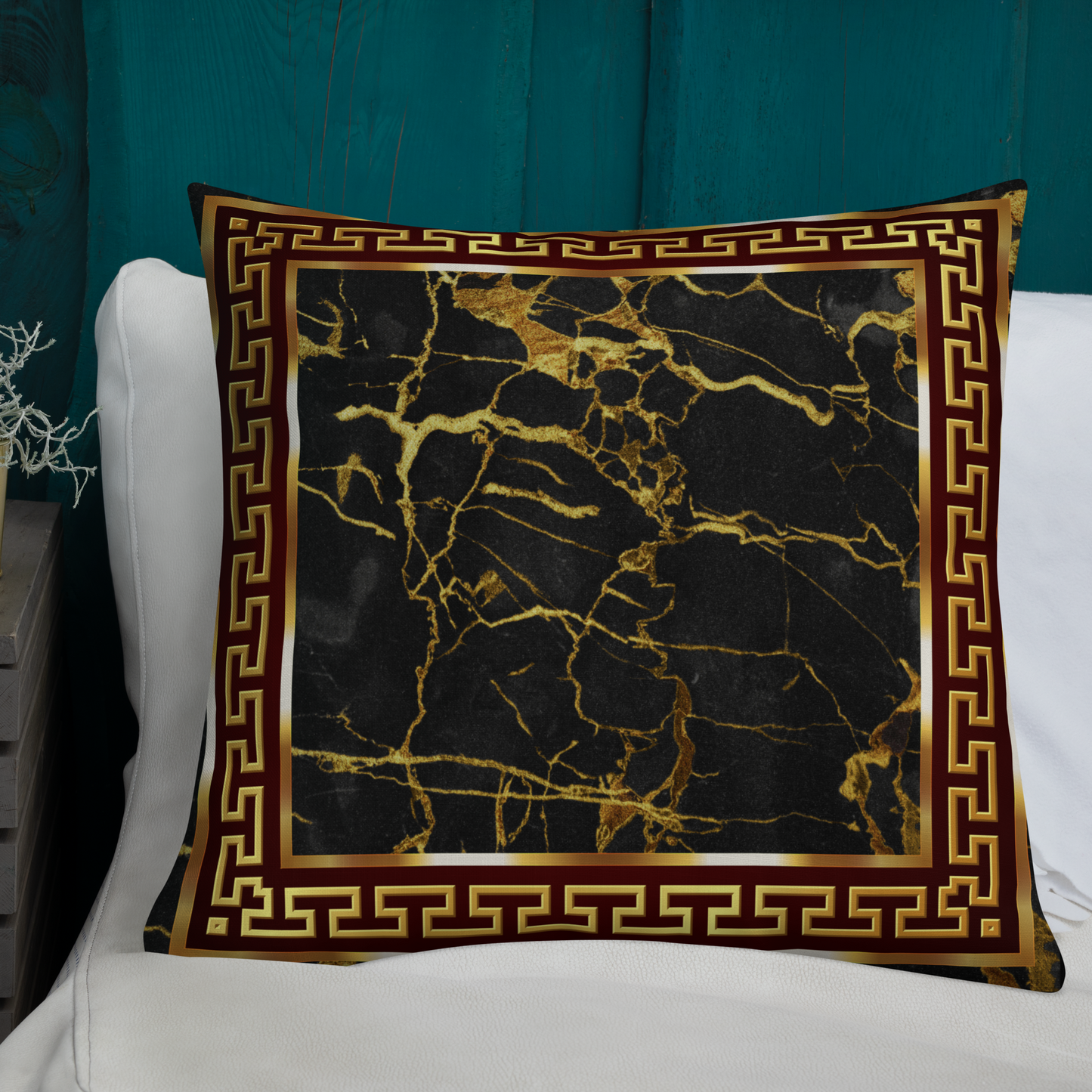 Gold Greek Keys Marbleized Black Maroon Premium Pillow