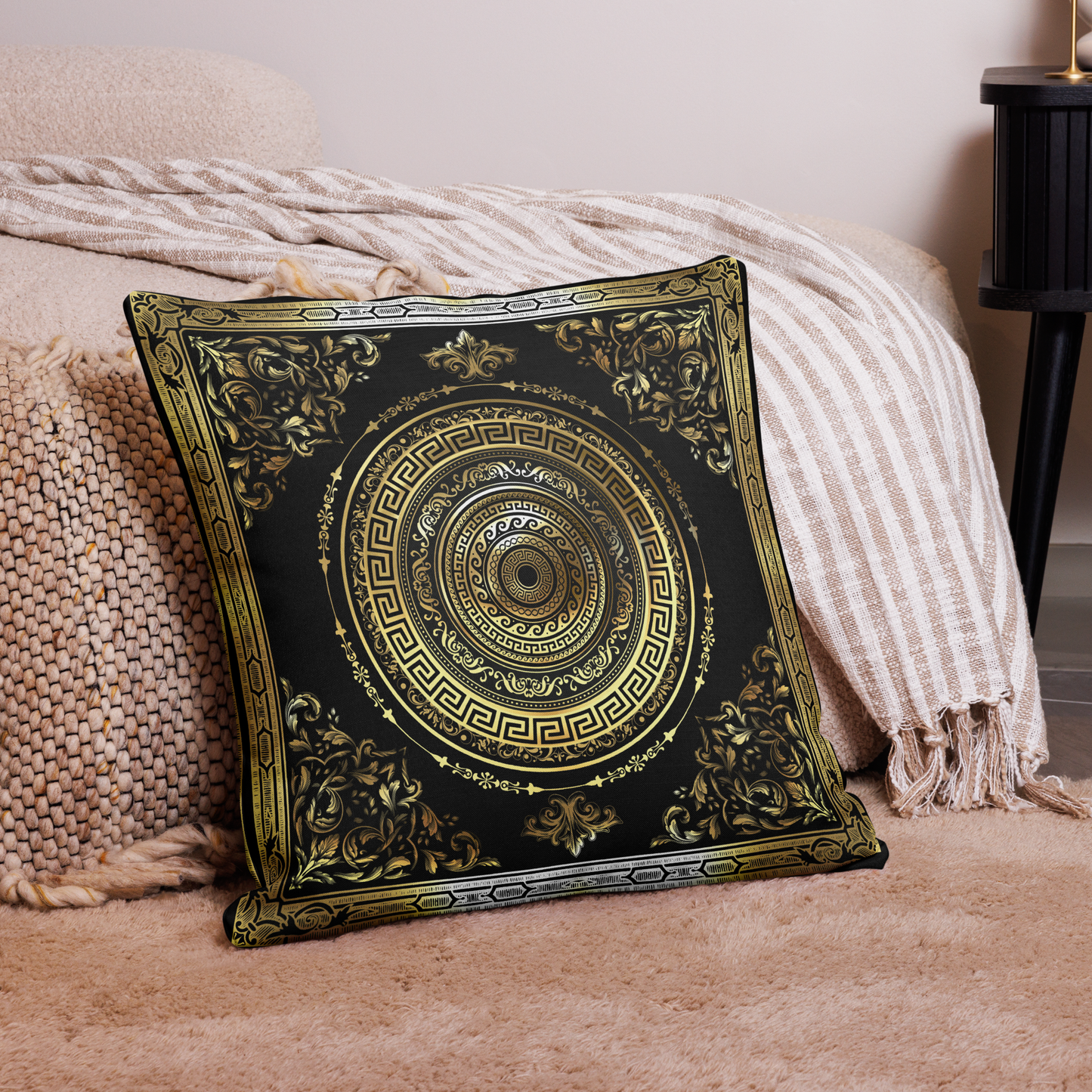 Greek Key Black Gold Ornate Baroque Premium Pillow