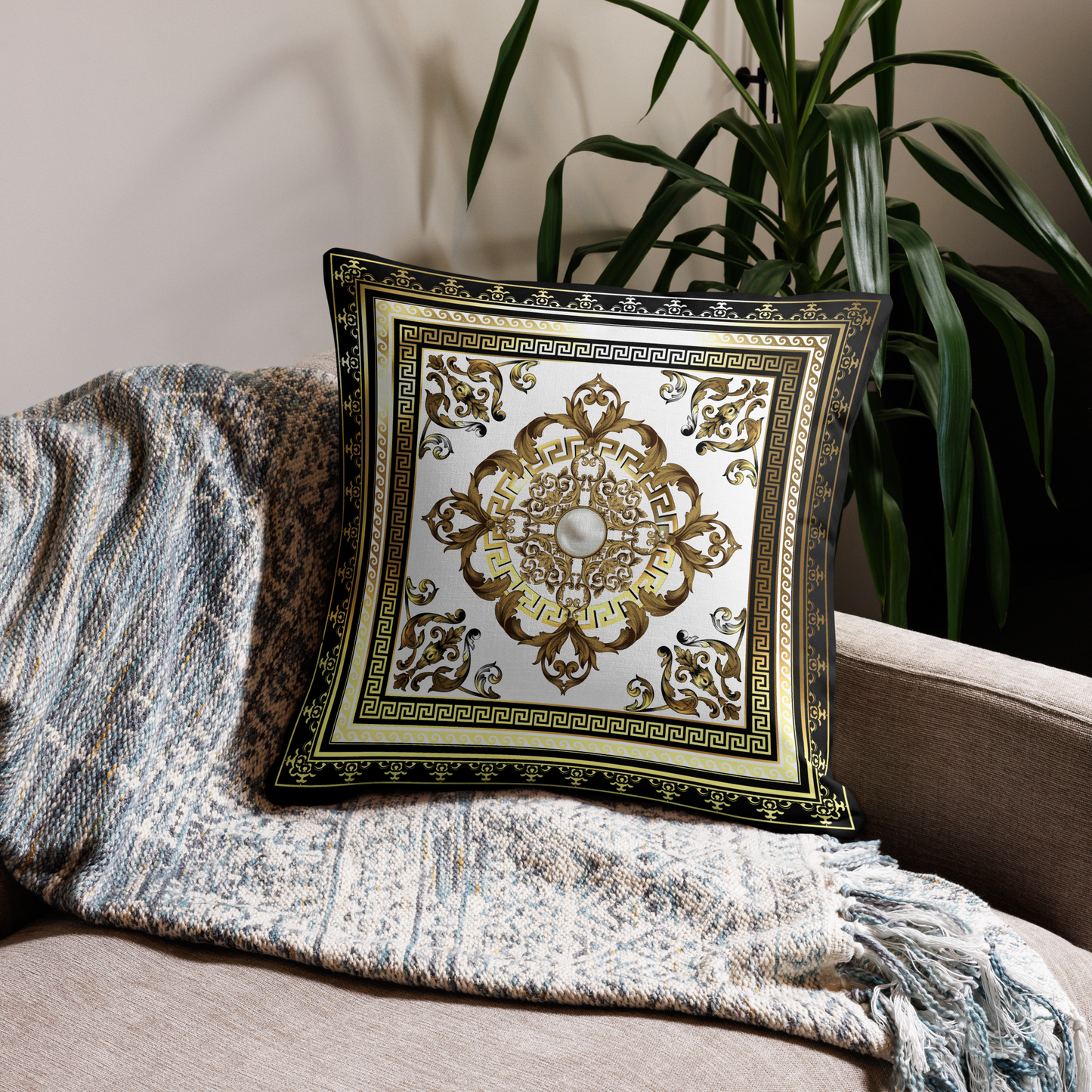 Black White Gold Greek Key Medallion Premium Pillow