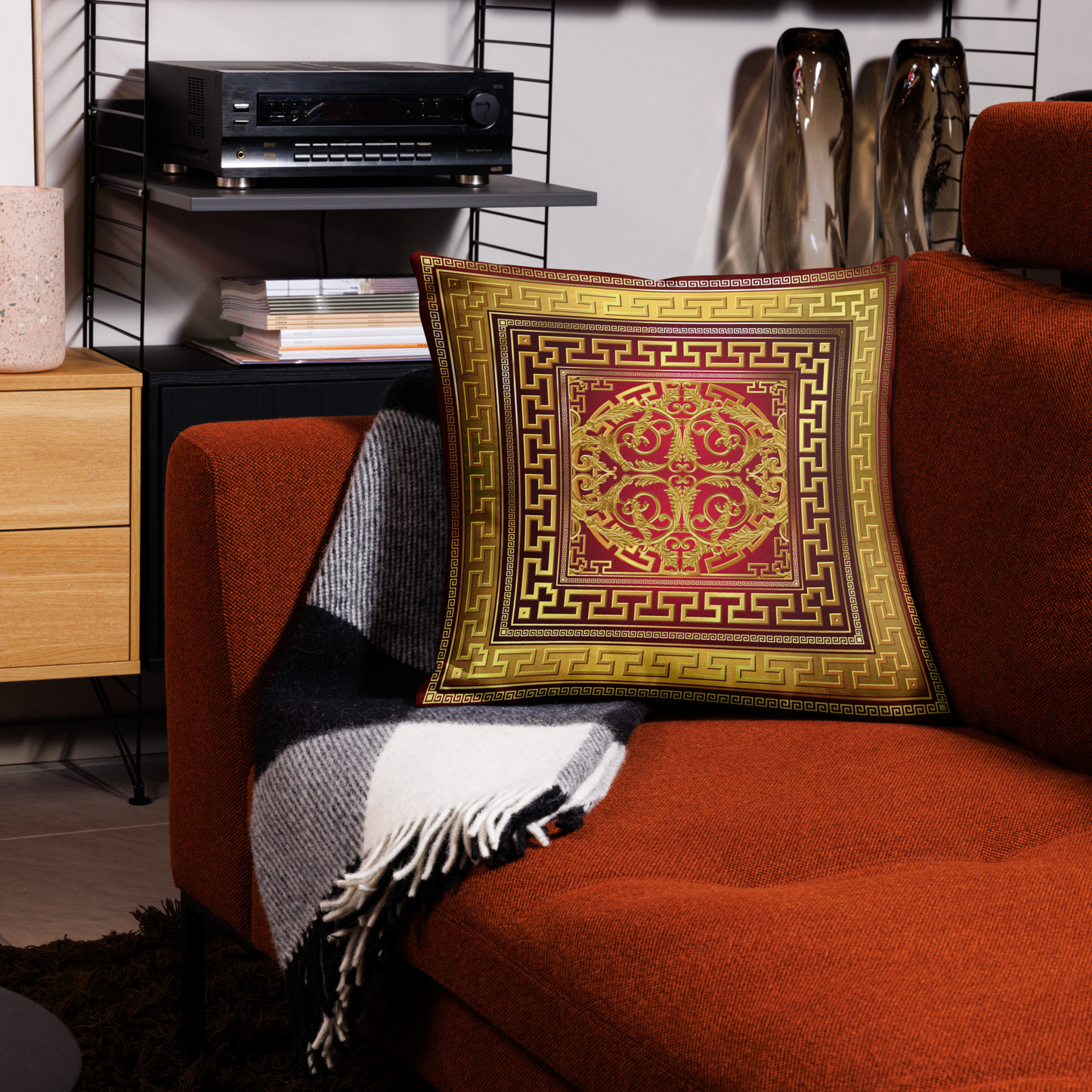 Ornate Baroque Gold Red Greek Key Premium Pillow