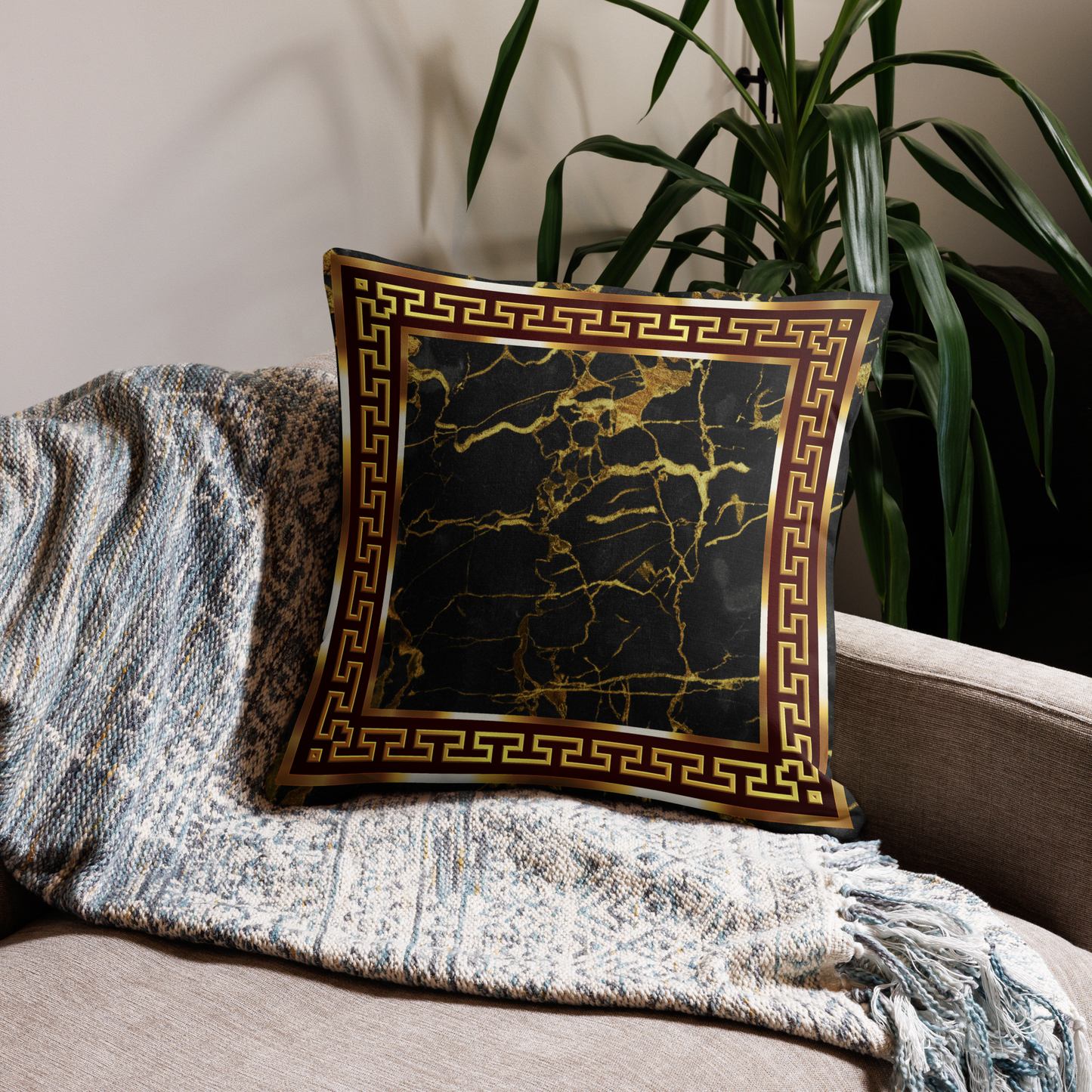 Gold Greek Keys Marbleized Black Maroon Premium Pillow