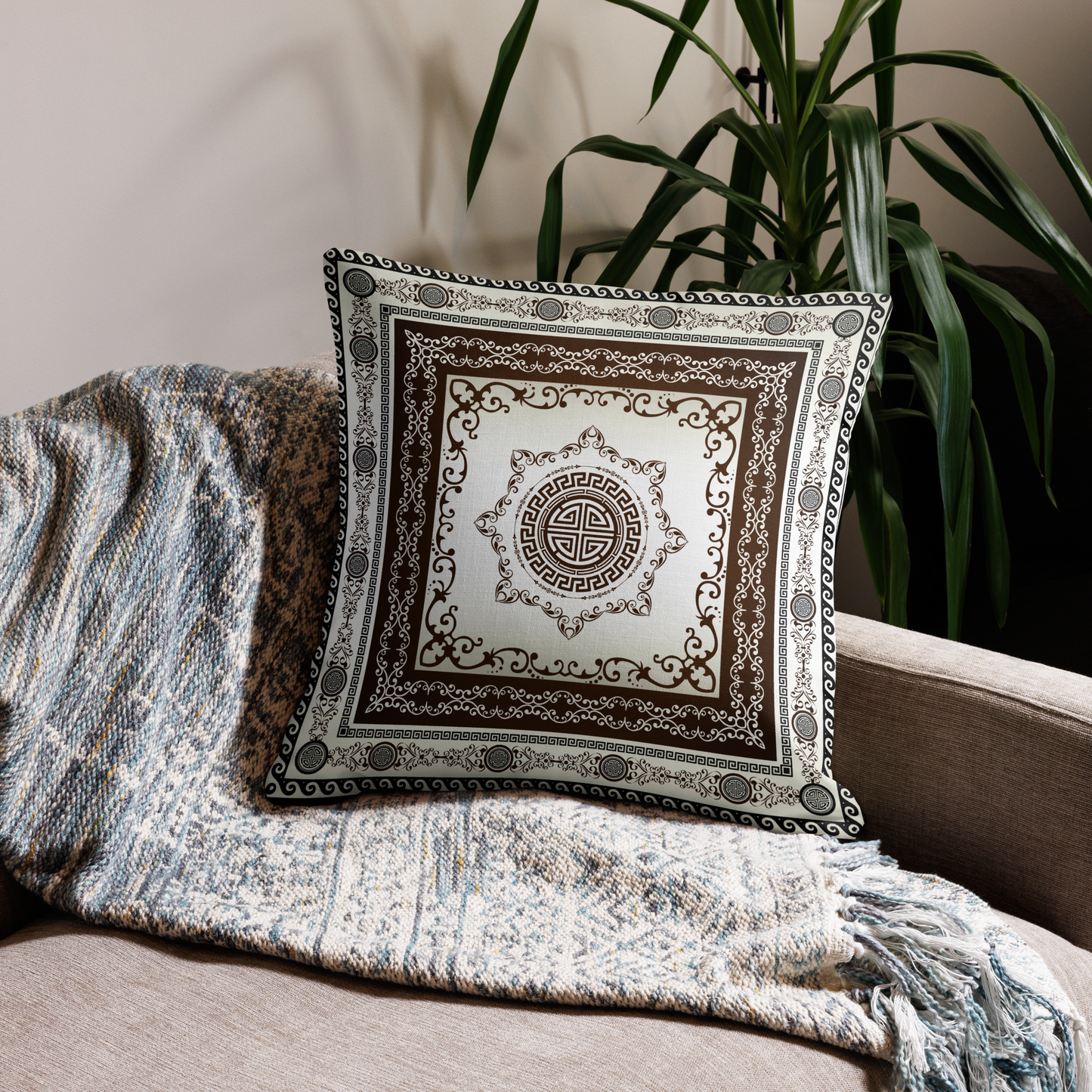 Greek Key Maroon Khaki Ornate Premium Pillow