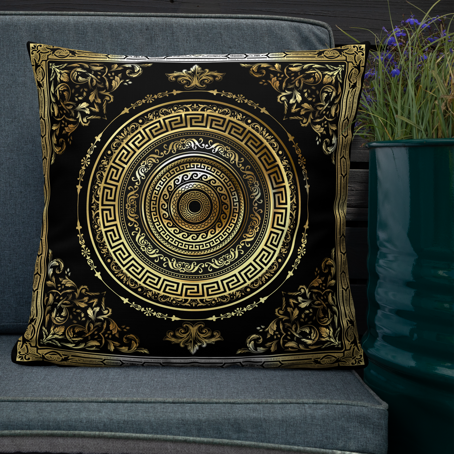Greek Key Black Gold Ornate Baroque Premium Pillow
