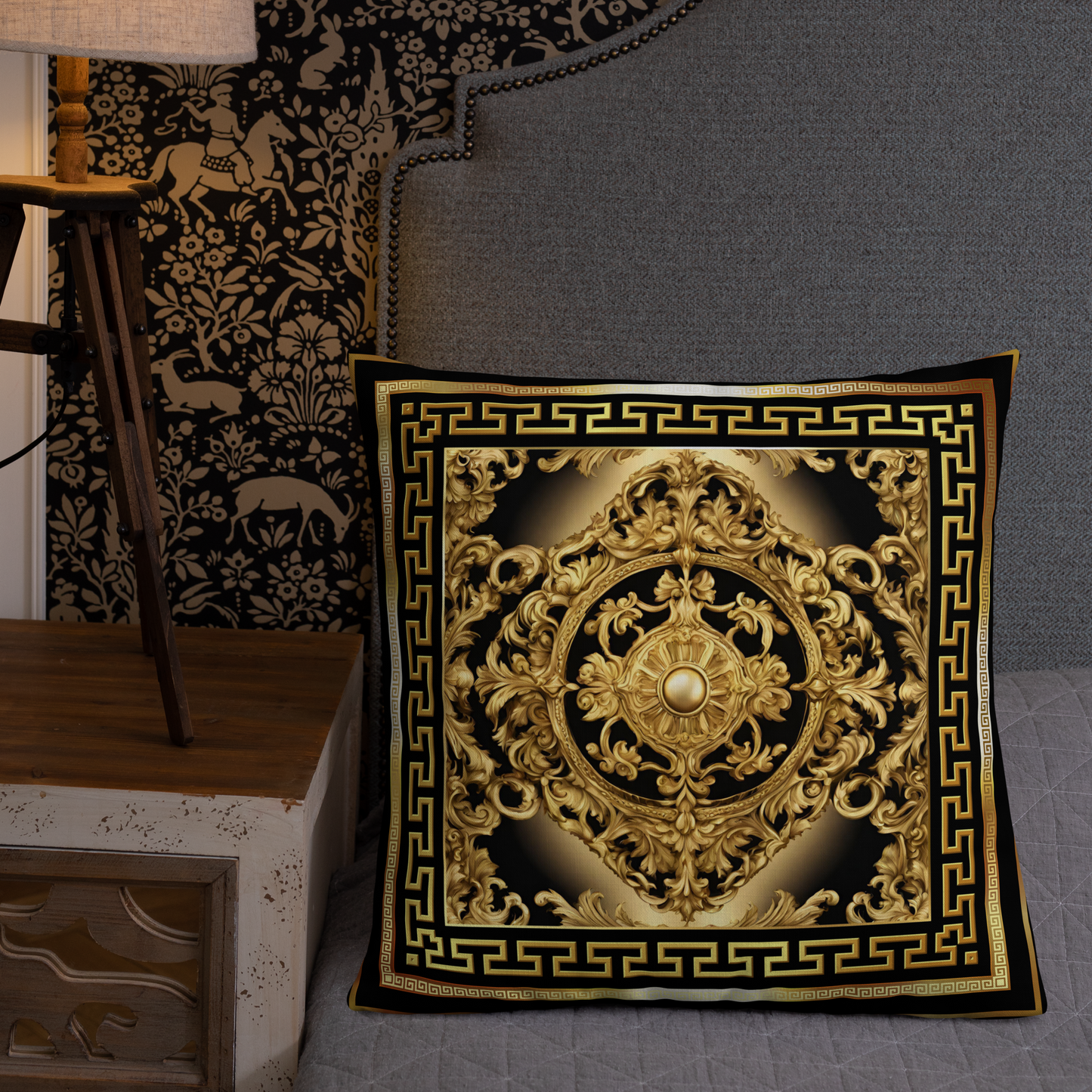 Ornate Baroque Gold Black Greek Key Premium Pillow