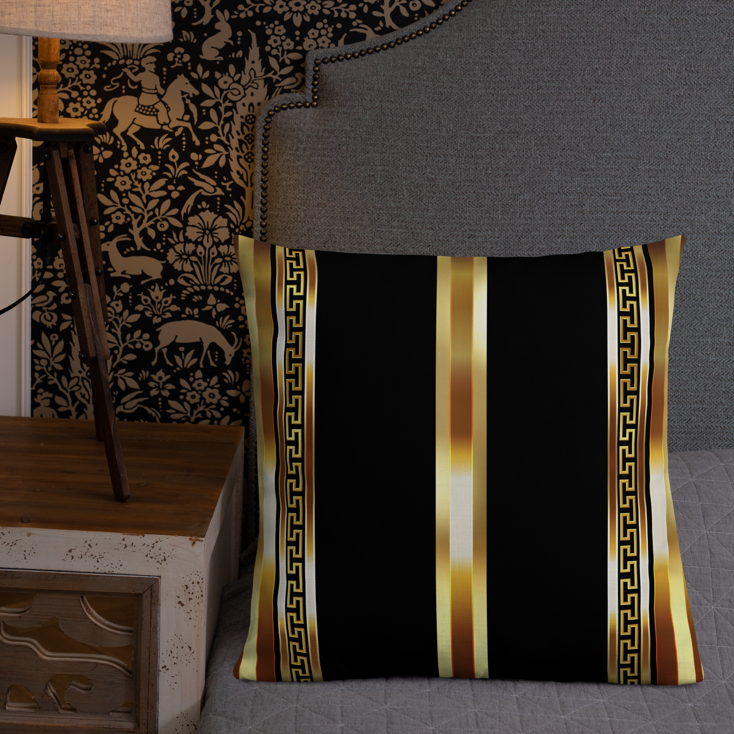 Gold Greek Key Black Premium Pillow