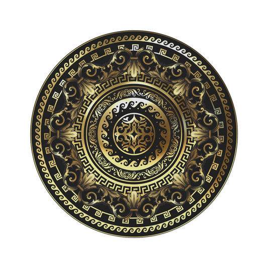 Greek Key Ornate Gold and Black Round Rug