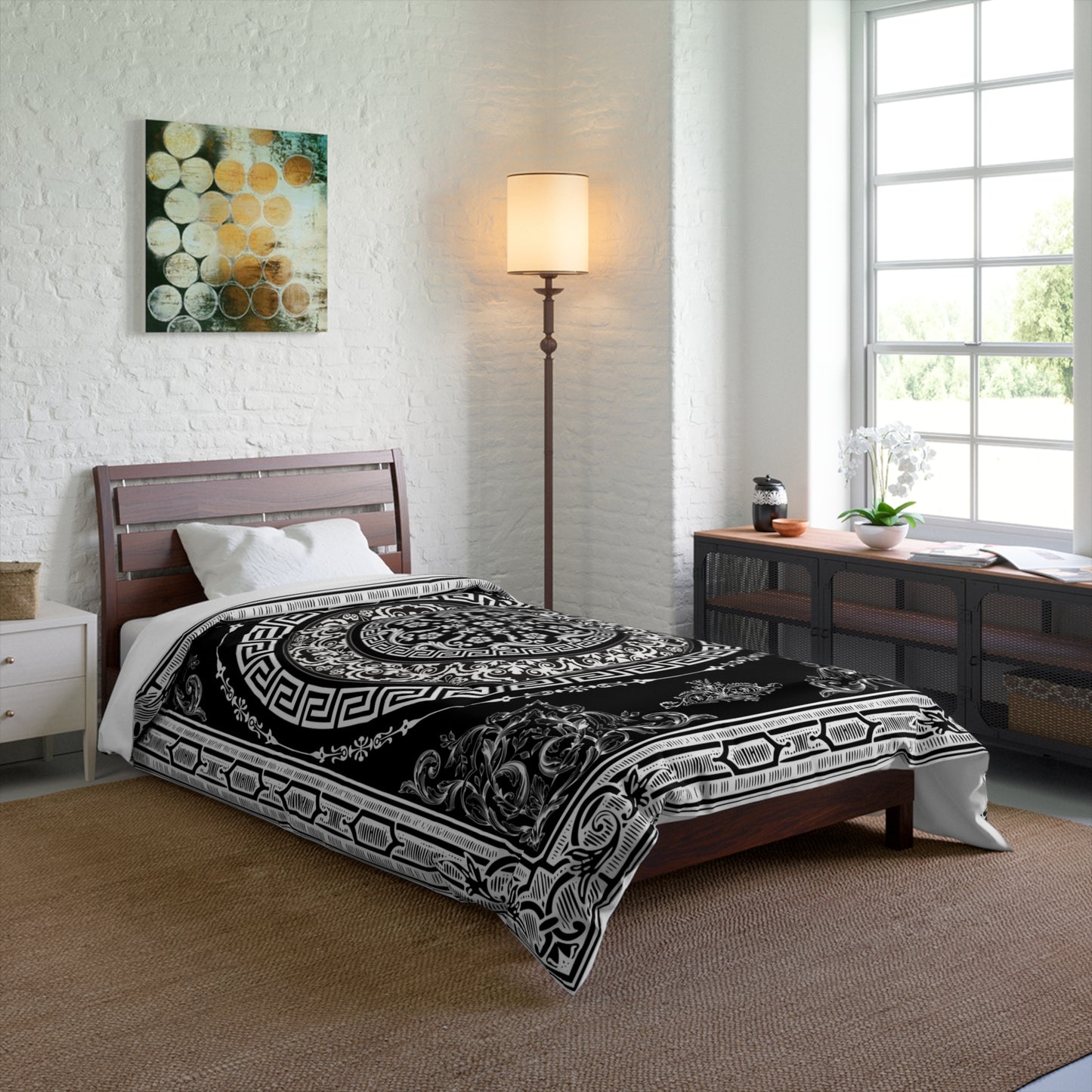 Ornate Baroque Black Antique White Greek Key Comforter