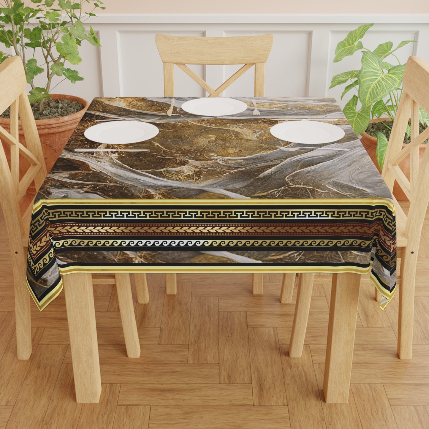 Gold Black Stone Greek Key Ornate Baroque Tablecloth