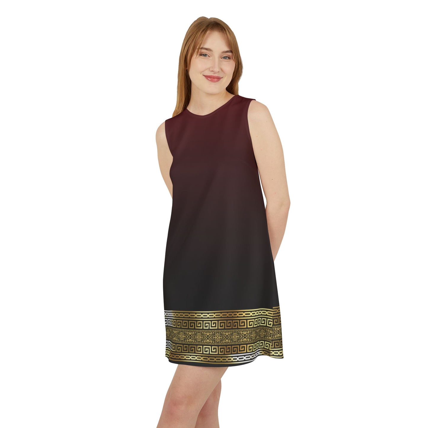 Greek Key Gold Maroon Black A-line Sleeveless Dress