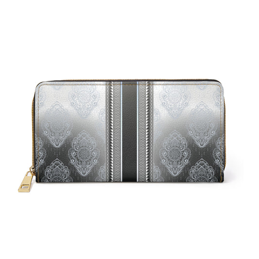 Greek Key Floral Silver Grey Blue Zipper Wallet