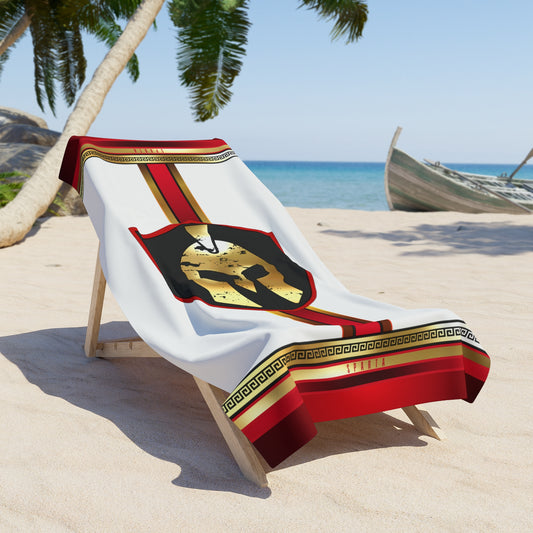 Spartan Helmet Red Gold Black Beach Towel