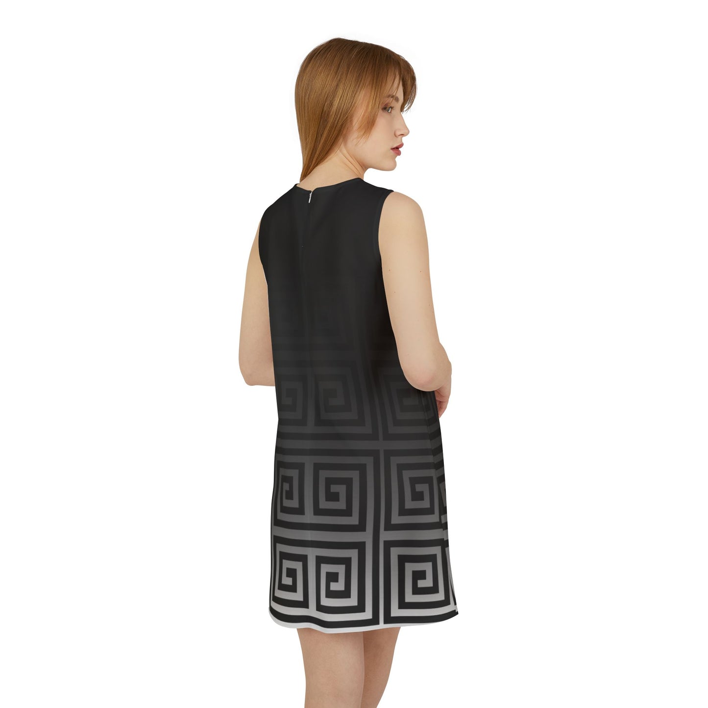 Black White Greek Key Black A-line Sleeveless Dress