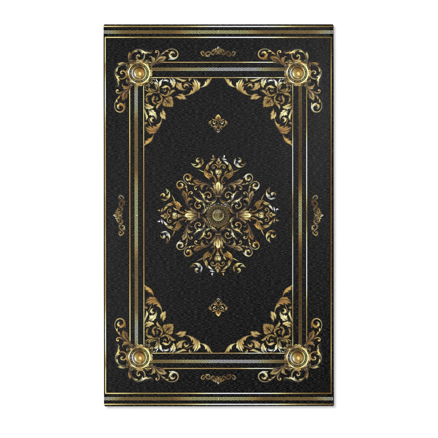 Ornate Gold Baroque Greek Key Black Area  Rug