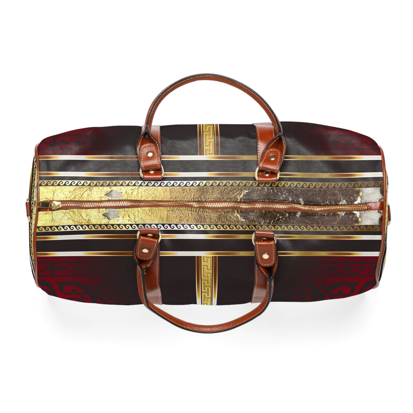 Maroon Black Red Gold Greek Key Waterproof Travel Bag