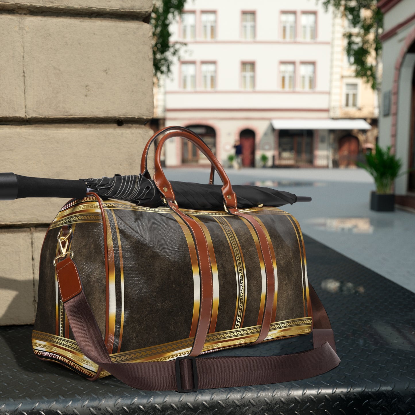 Brown Gold Greek Key Waterproof Travel Bag