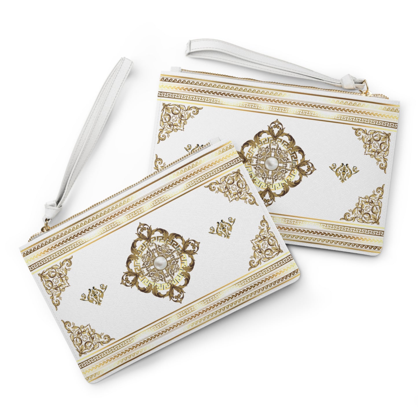 Greek Key White & Gold Medallion Vegan Leather Clutch Bag