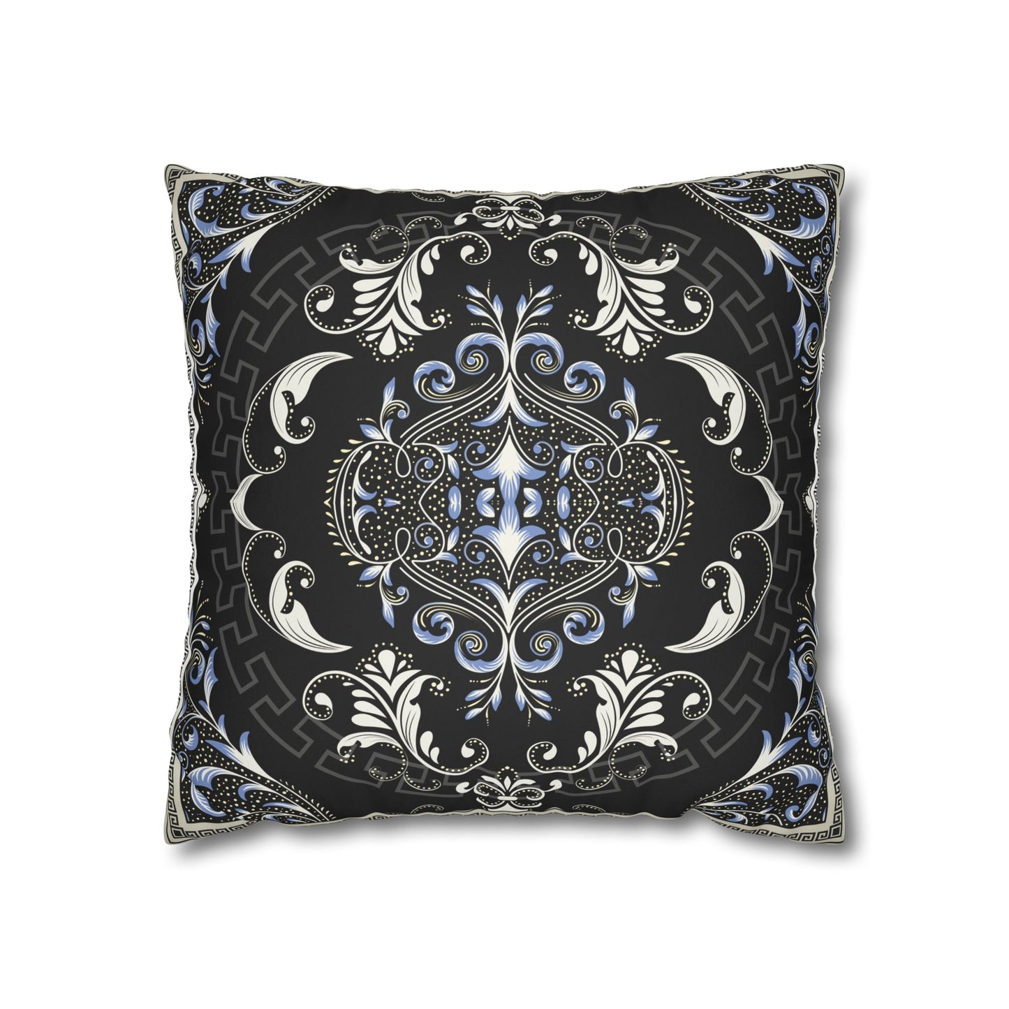 Floral Black Cream Greek Key Faux Suede Square Pillowcase (CASE ONLY)