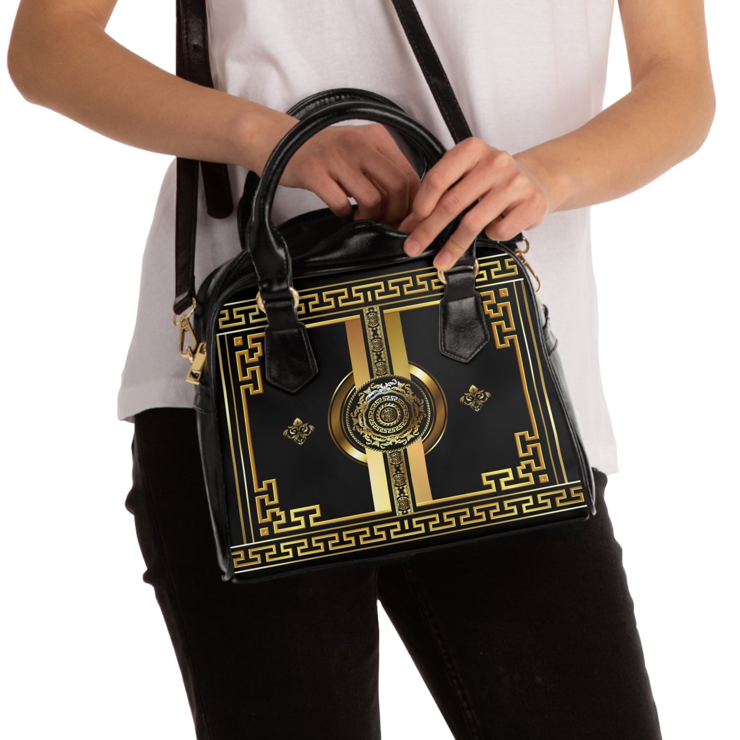 Greek Keys Gold Black Shoulder Handbag