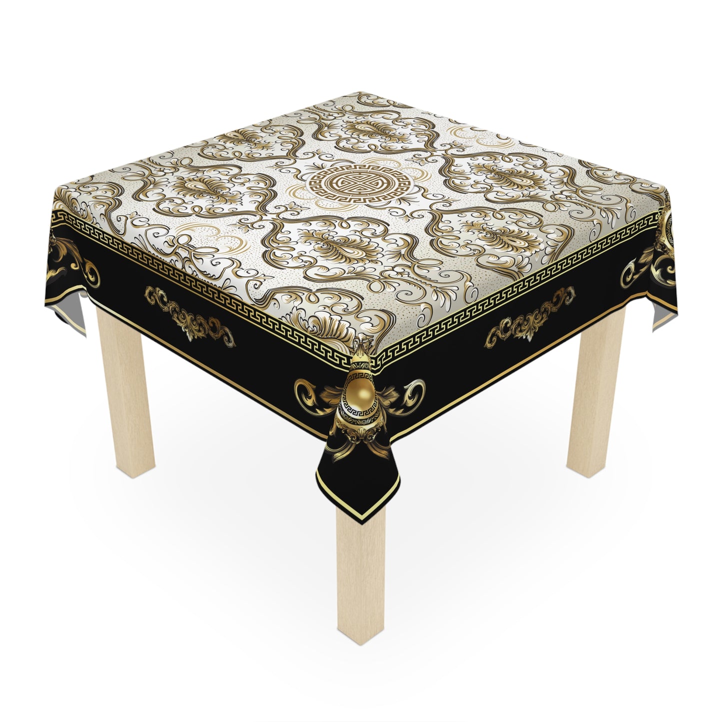 Floral Ornate Baroque Black Gold Greek Key Tablecloth