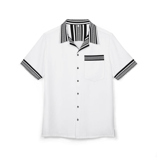 White Black Greek Key Hawaiian Button-Down Shirt