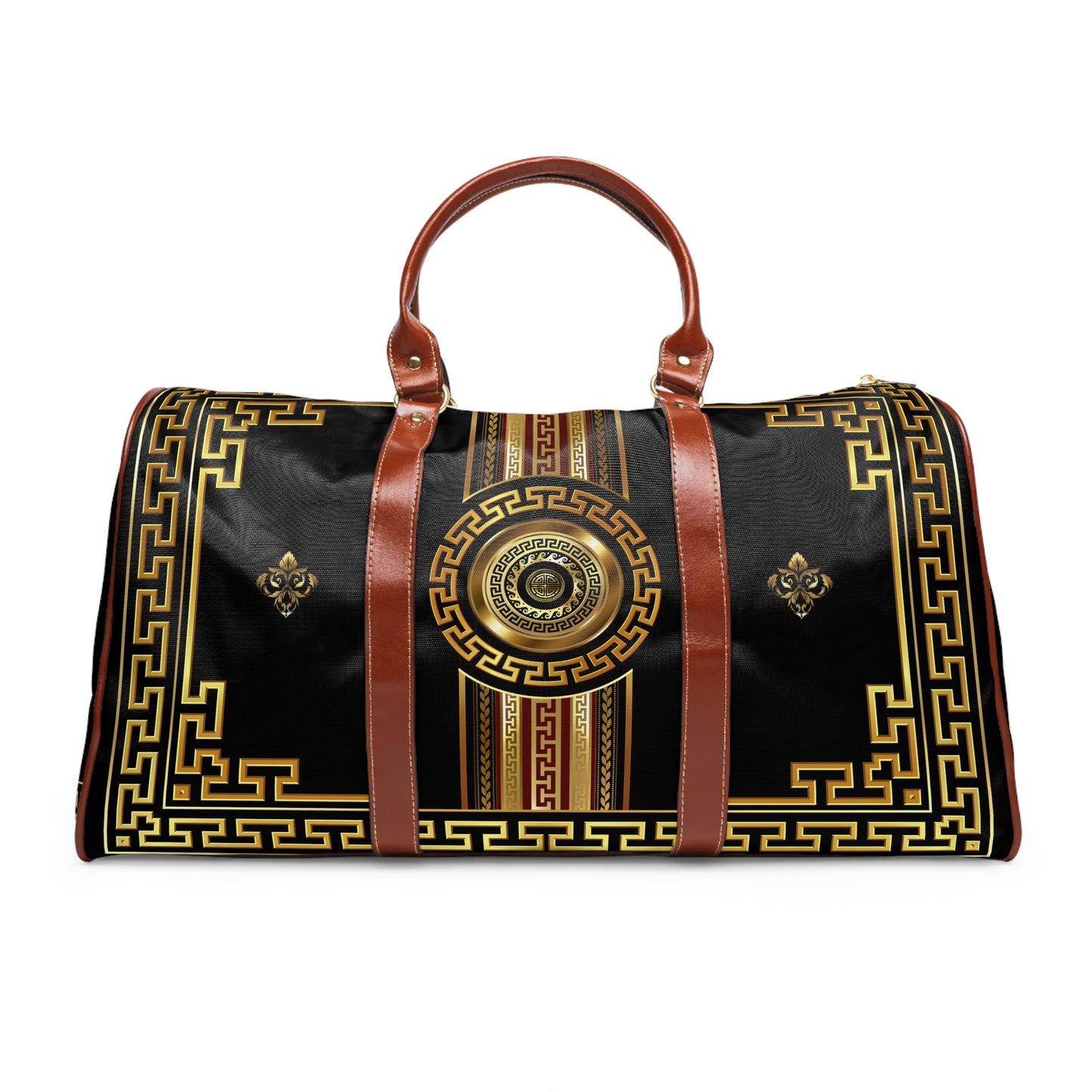 Greek Key Gold Black Medallion Waterproof Travel Bag