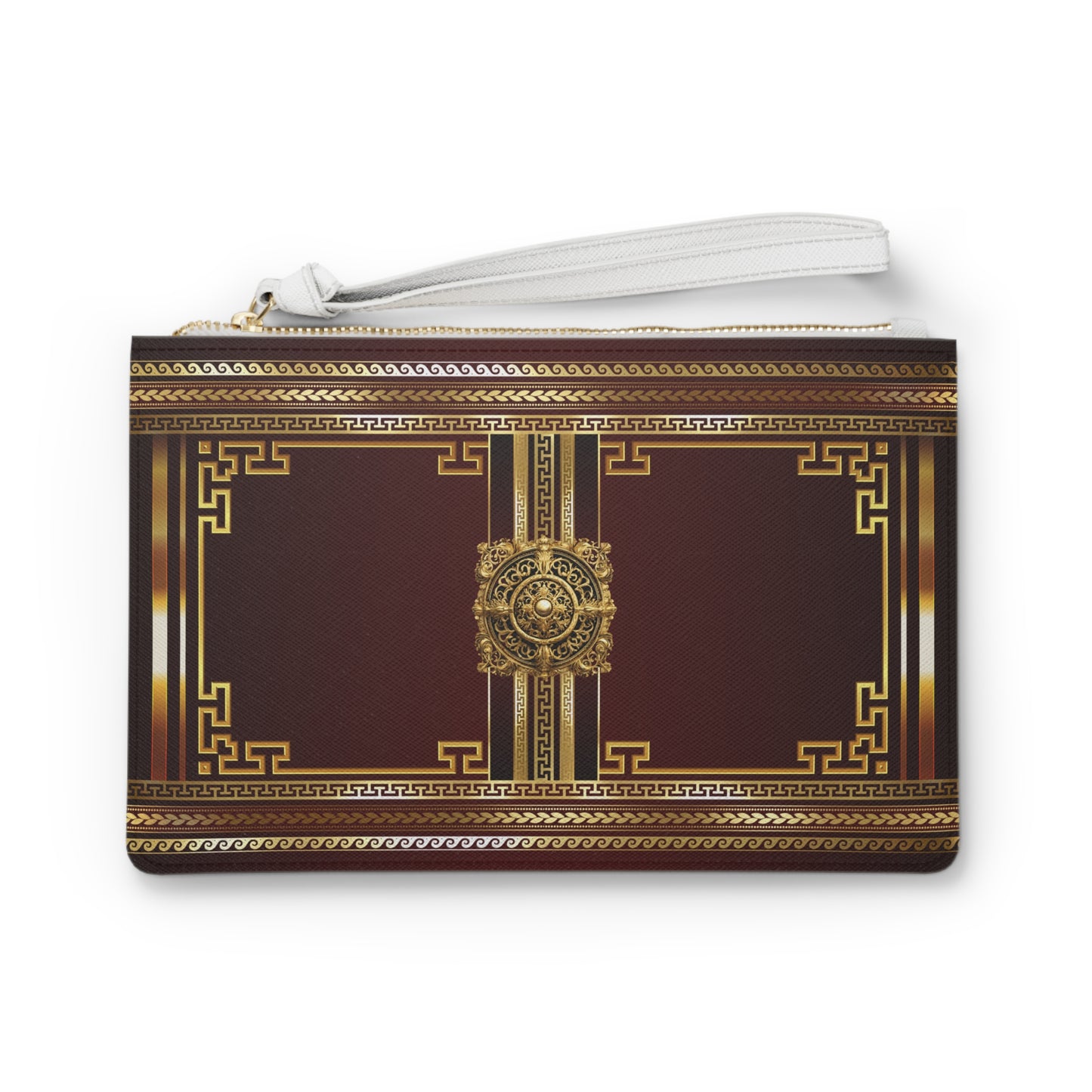 Greek Key Gold Maroon Vegan Leather Clutch Bag