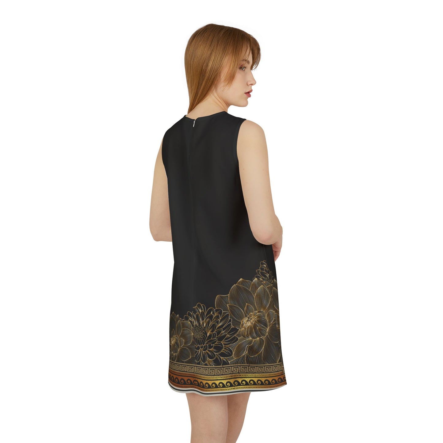 Greek Key Gold Flowers Black A-line Sleeveless Dress