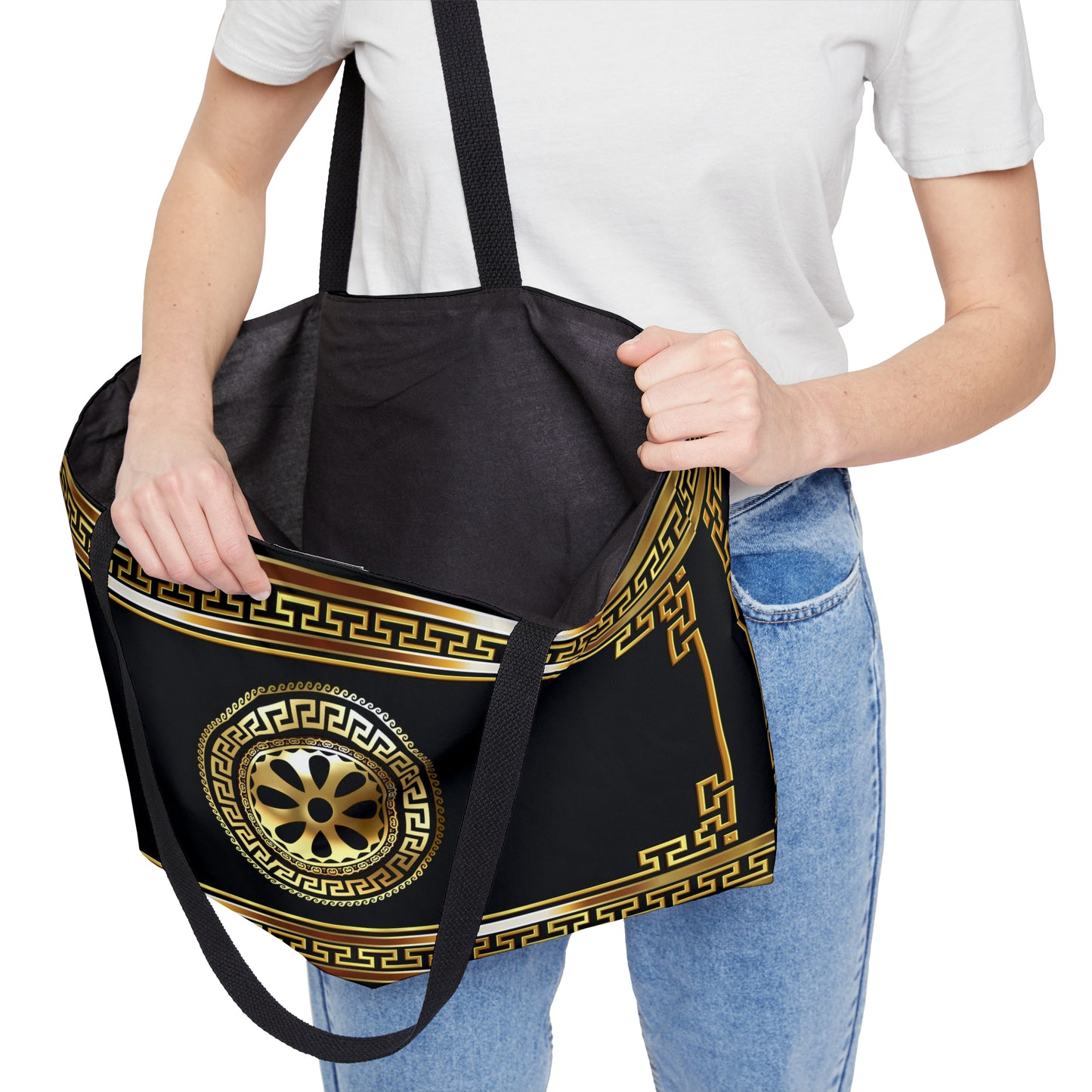 Greek Key Gold Black Flower Weekender Tote Bag