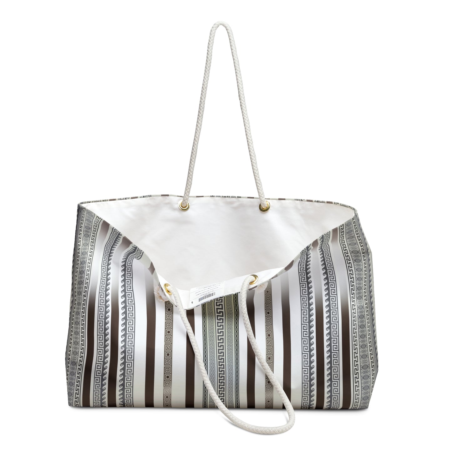 Cream Gray Brown Stripe Greek Key Weekender Bag