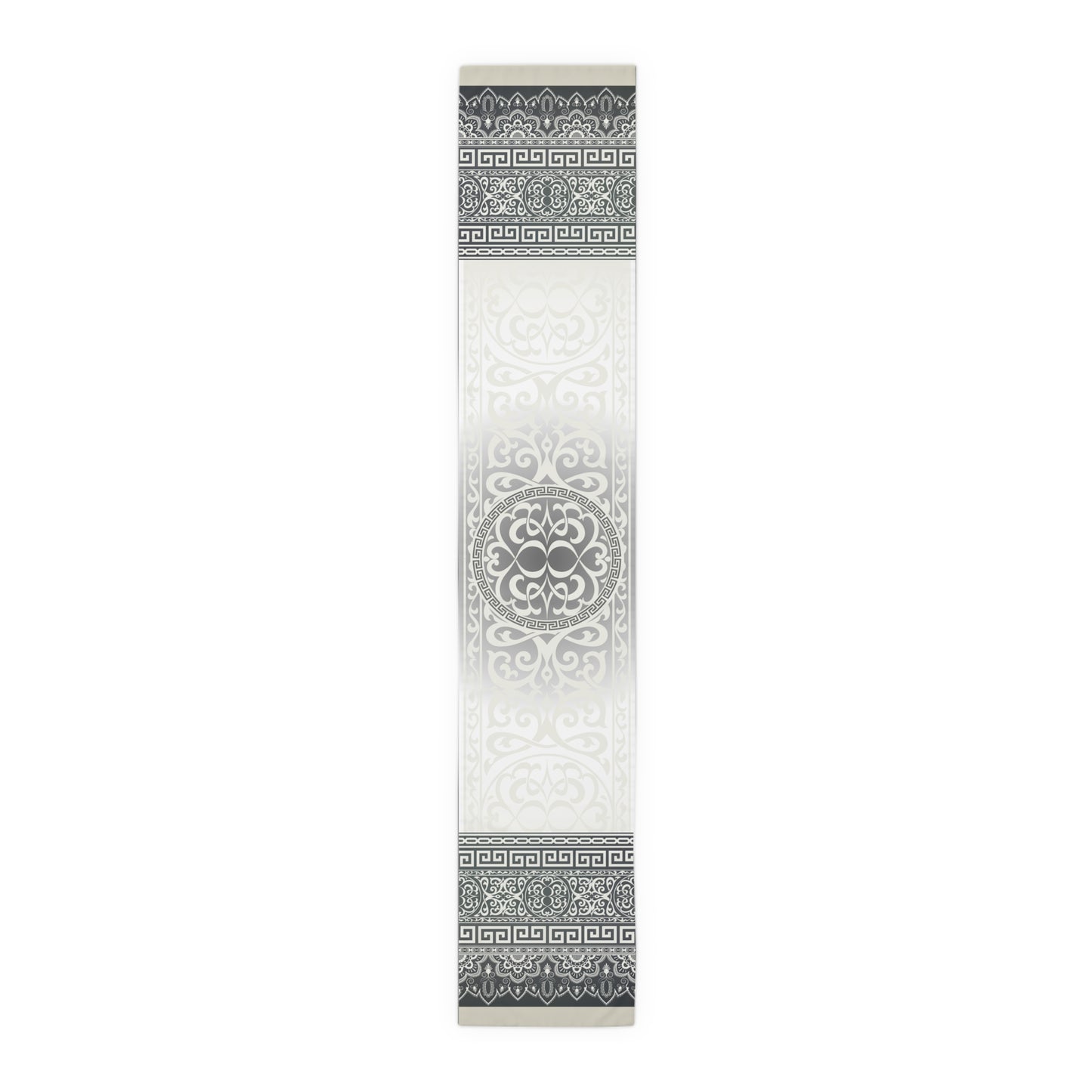 Cream Gray Greek Key Ornate Baroque Black Table Runner (Cotton, Poly)