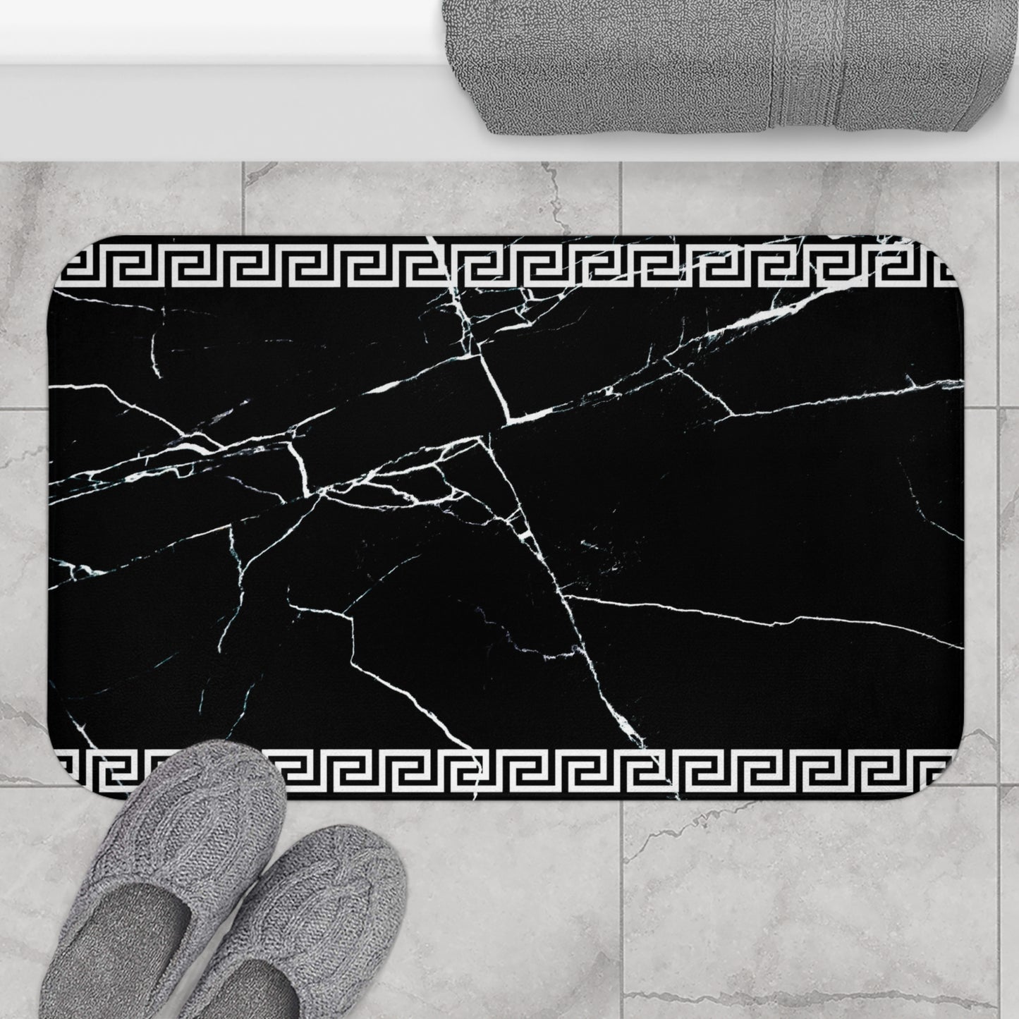 Black White Greek Key Marble Bath Mat