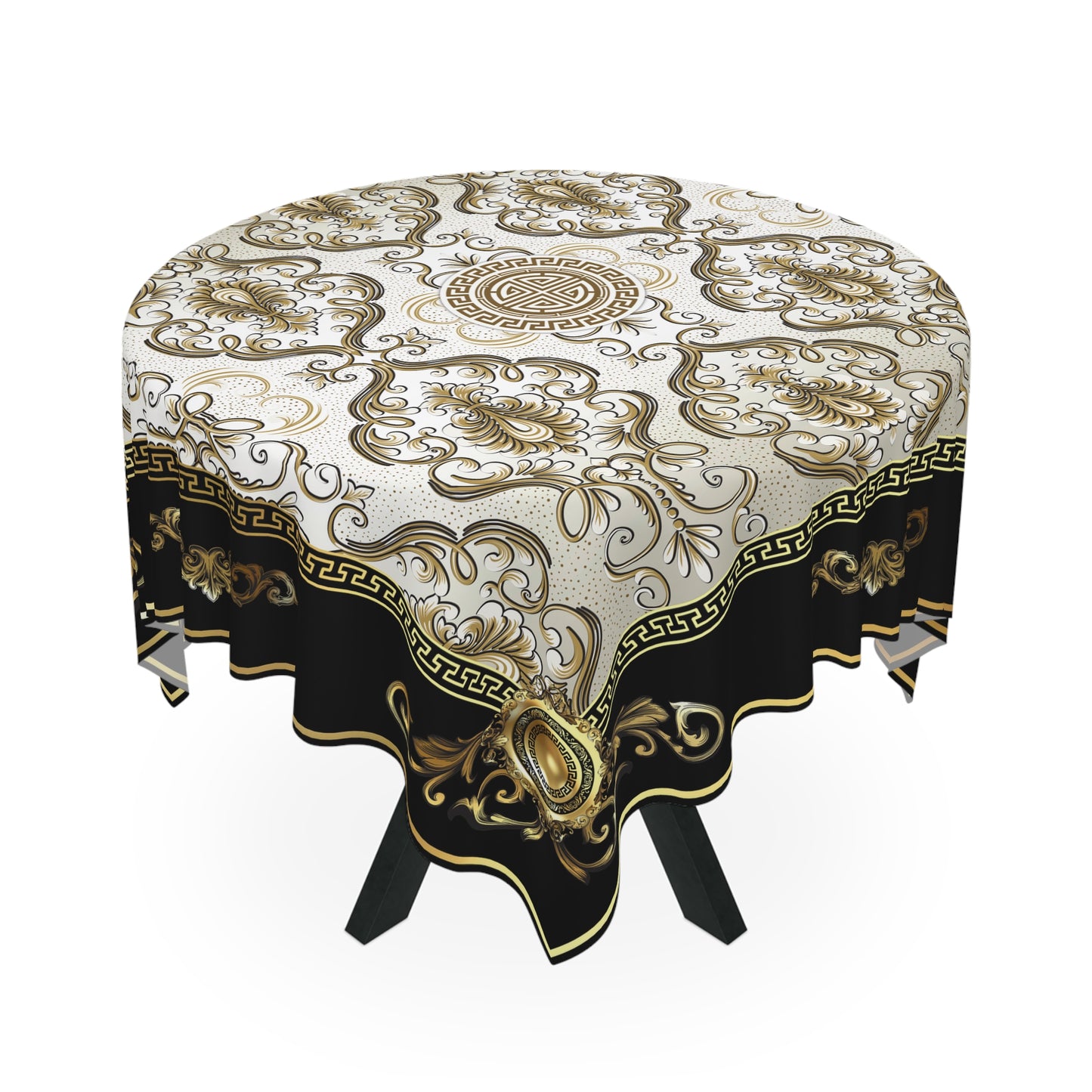 Floral Ornate Baroque Black Gold Greek Key Tablecloth