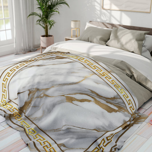 Greek Key Gold White Marbleized Arctic Fleece Blanket