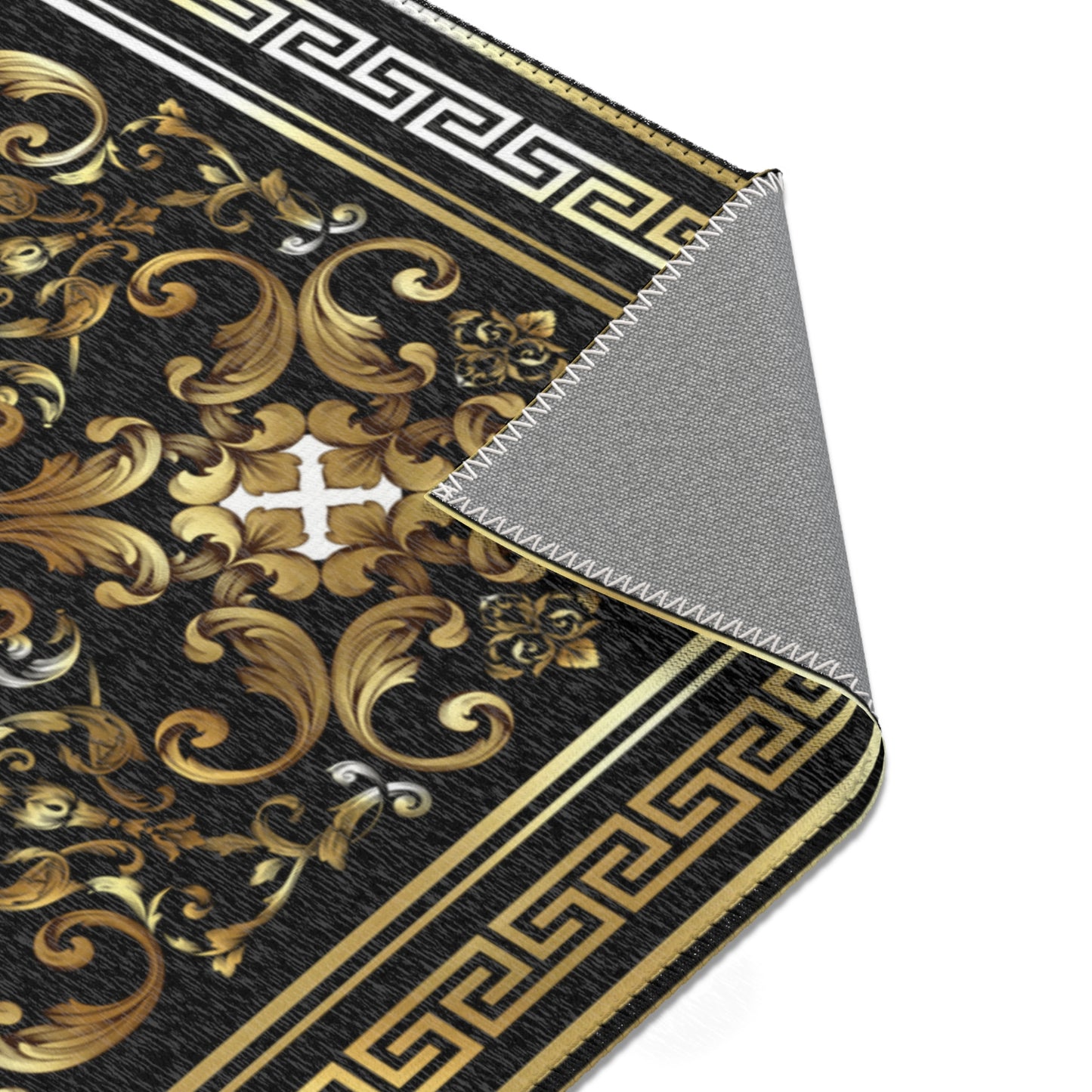 Ornate Baroque Gold Black Greek Key Area Rugs