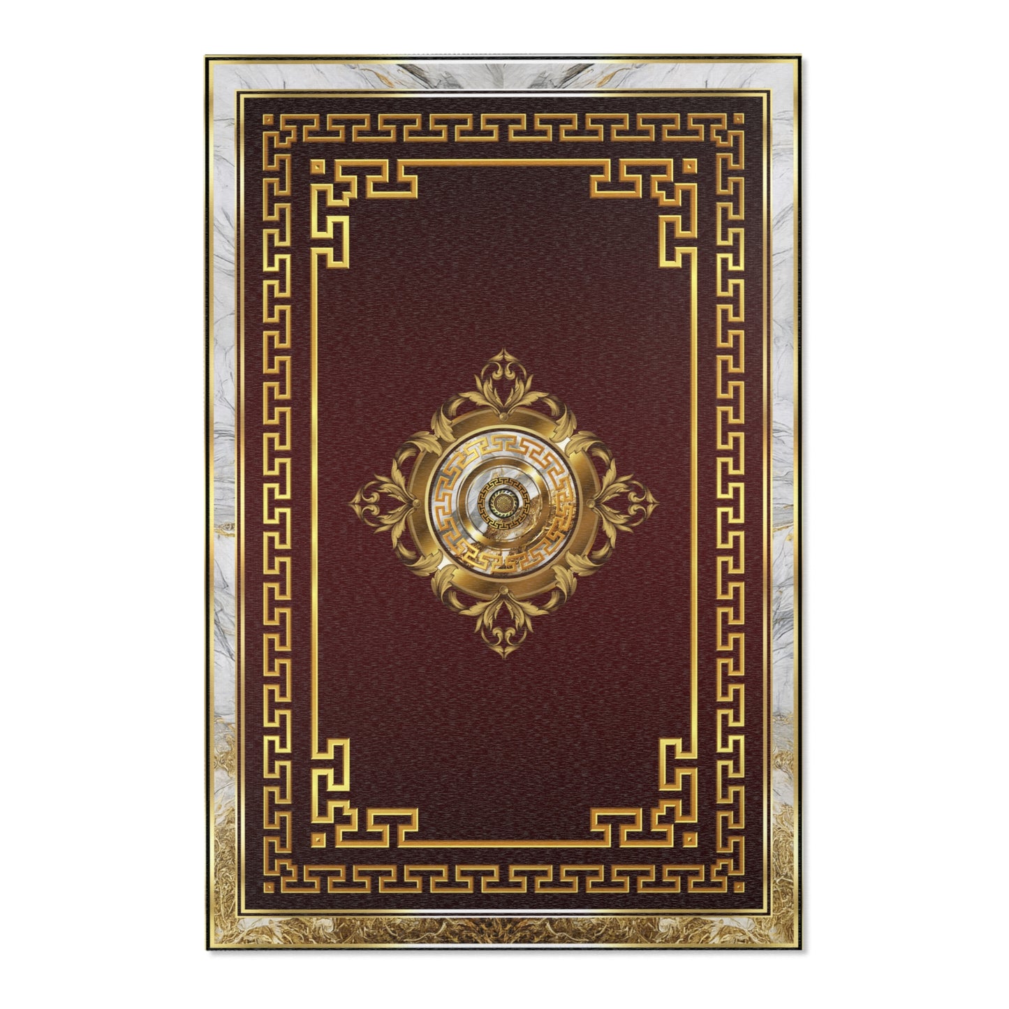 Gold Greek Keys Maroon White Gold Trim Area Rug