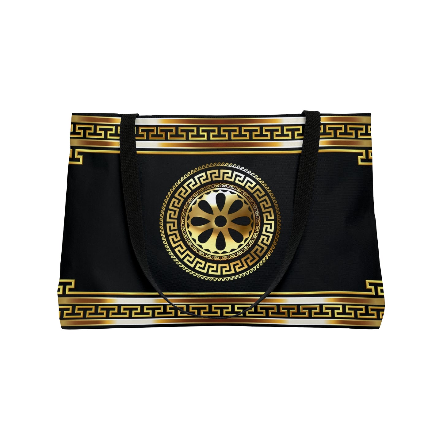 Greek Key Gold Black Flower Weekender Tote Bag