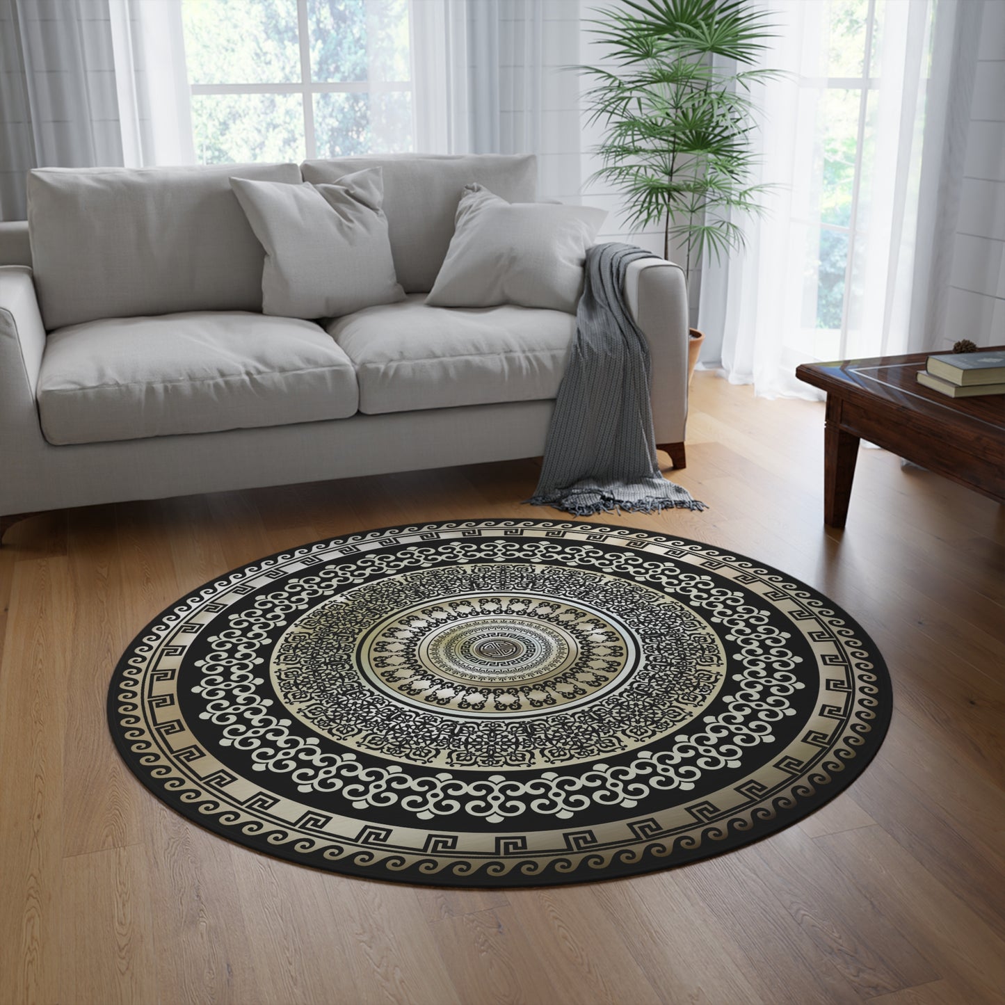 Greek Key Black Beige Ornate Baroque Round Rug